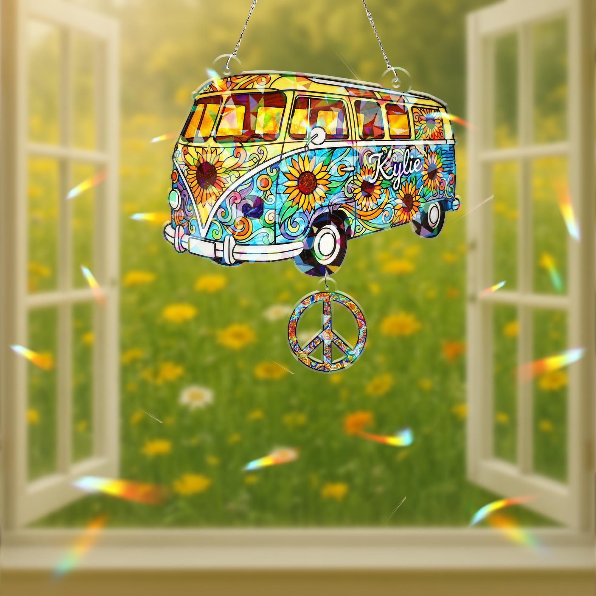 Custom Hippie Van Window Decor – Custom Hologram Acrylic Bus Design with Peace Sign image 5