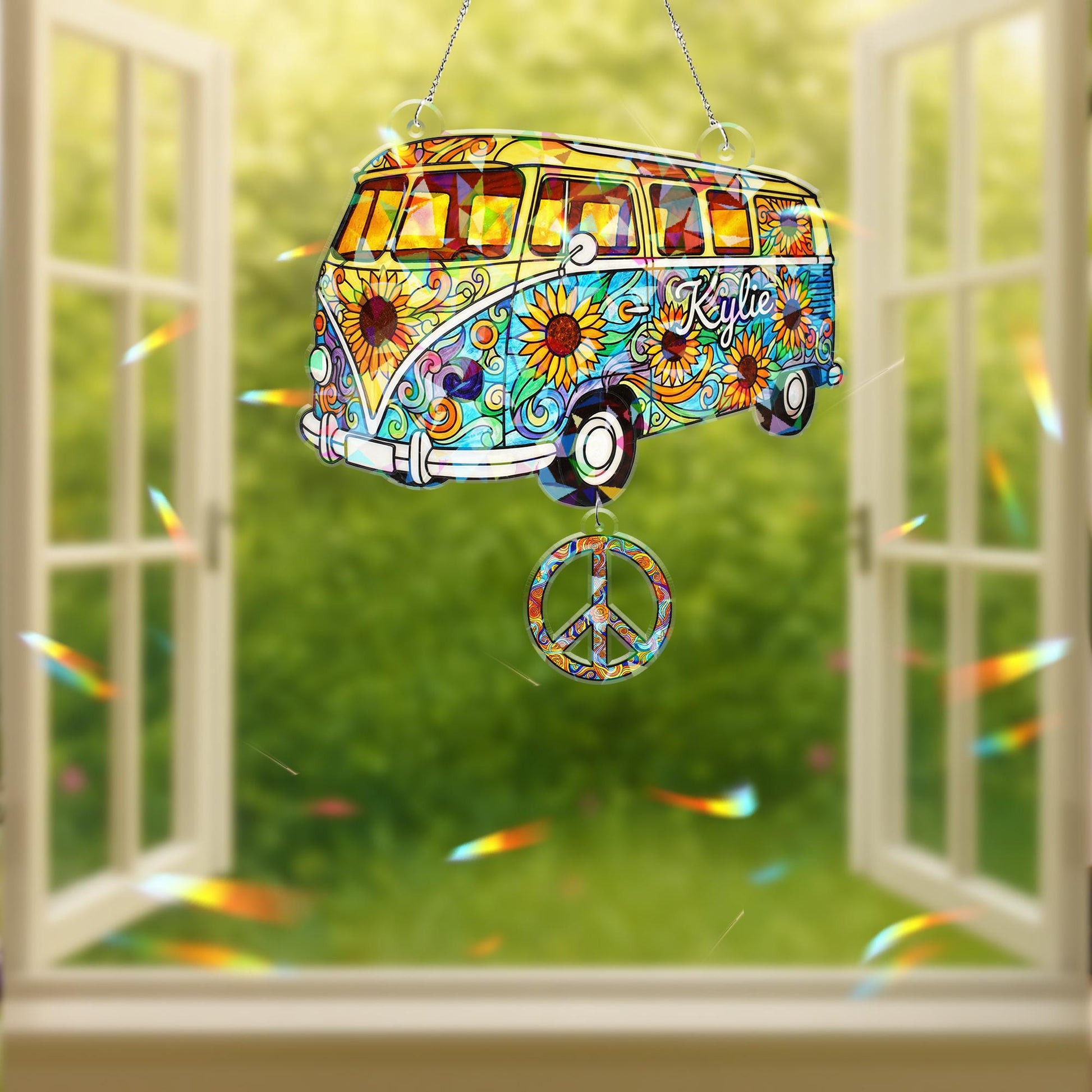 Custom Hippie Van Window Decor – Custom Hologram Acrylic Bus Design with Peace Sign image 6