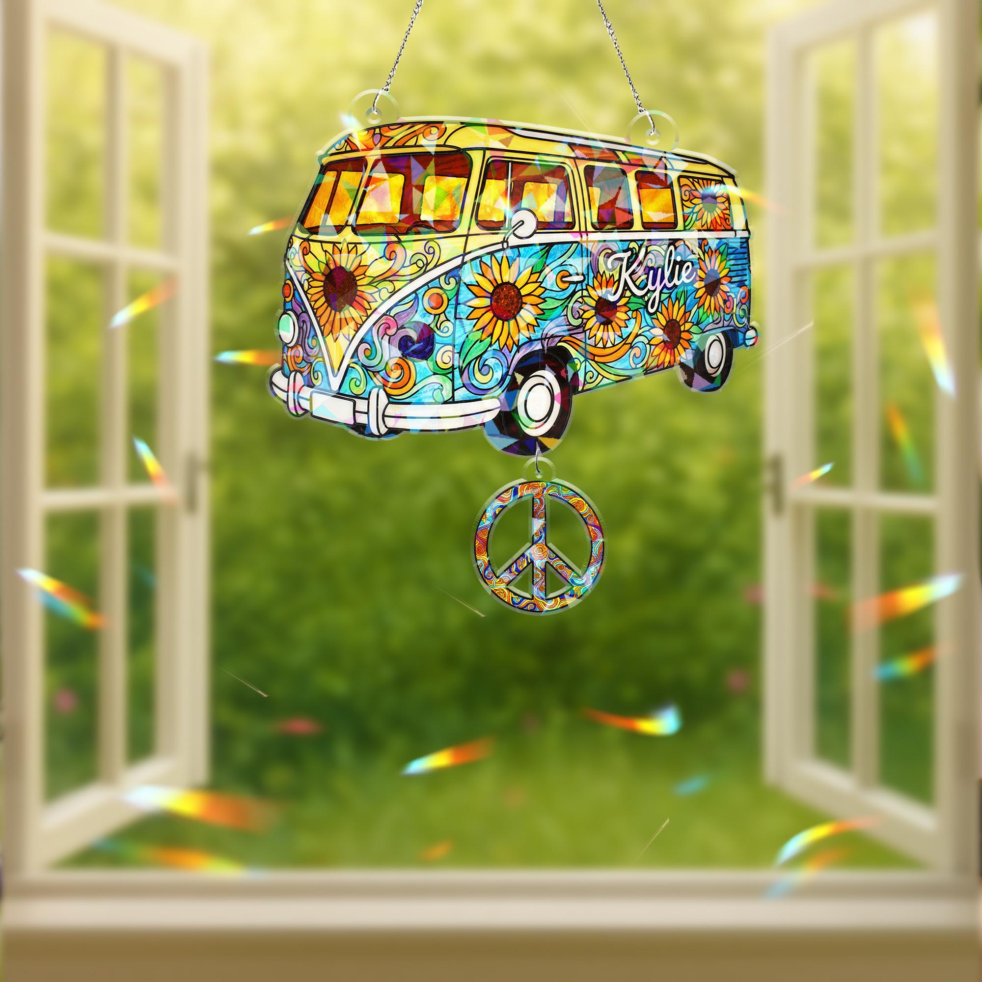 Custom Hippie Van Window Decor – Custom Hologram Acrylic Bus Design with Peace Sign image 6