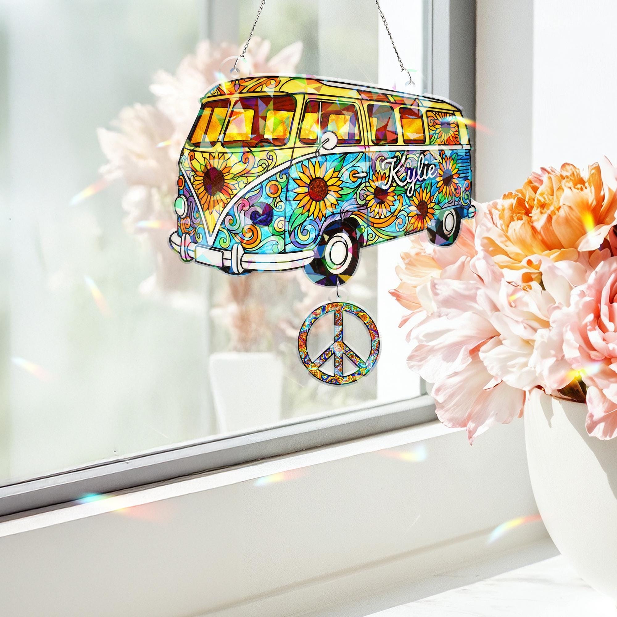 Custom Hippie Van Window Decor – Custom Hologram Acrylic Bus Design with Peace Sign image 3