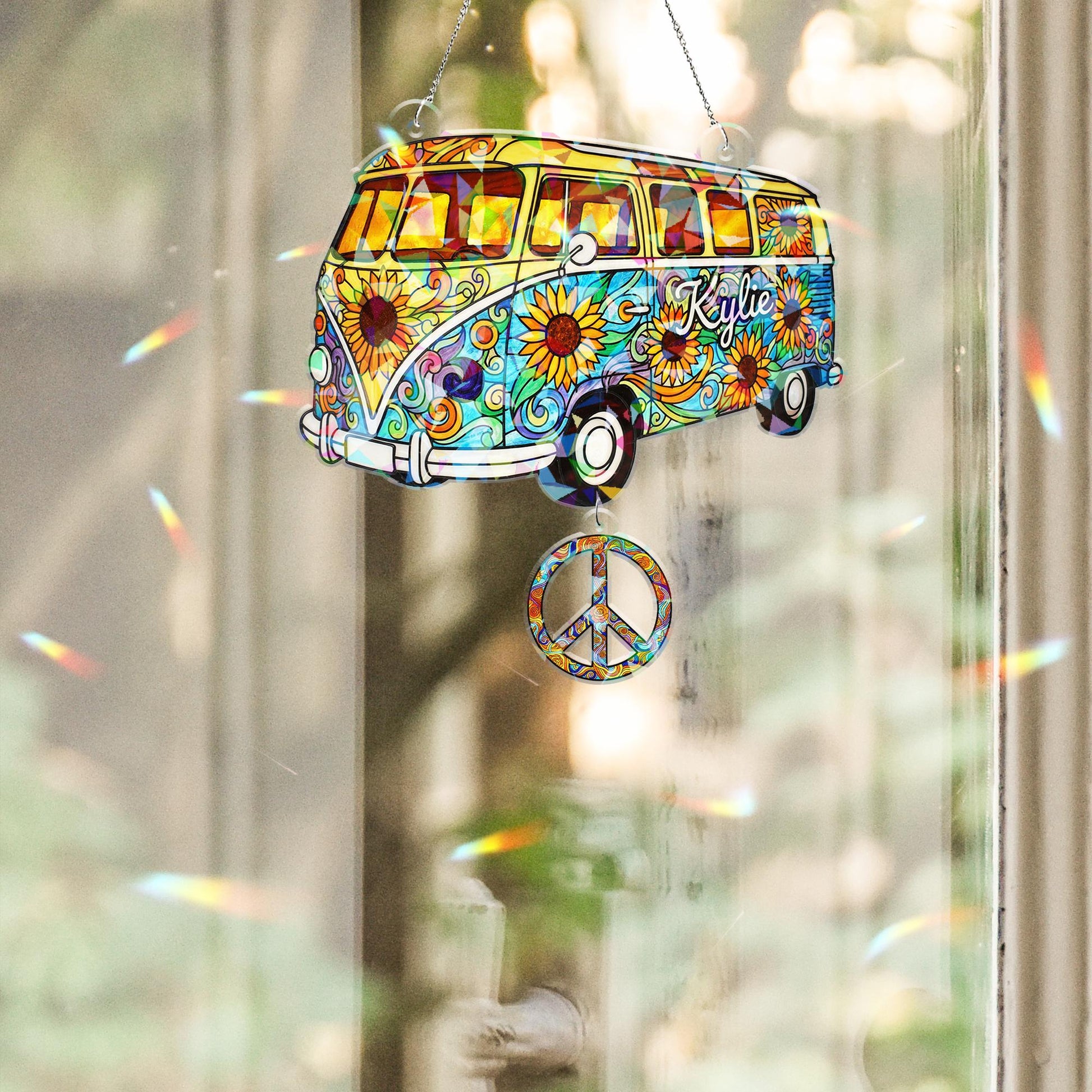 Custom Hippie Van Window Decor – Custom Hologram Acrylic Bus Design with Peace Sign image 4