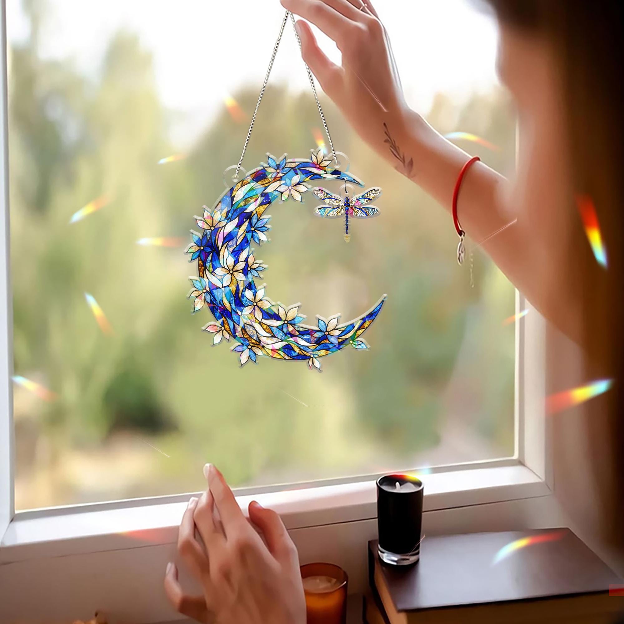 Hologram Acrylic Moon Window Decor – Crescent Design with Hanging Dragonfly Piece image 6