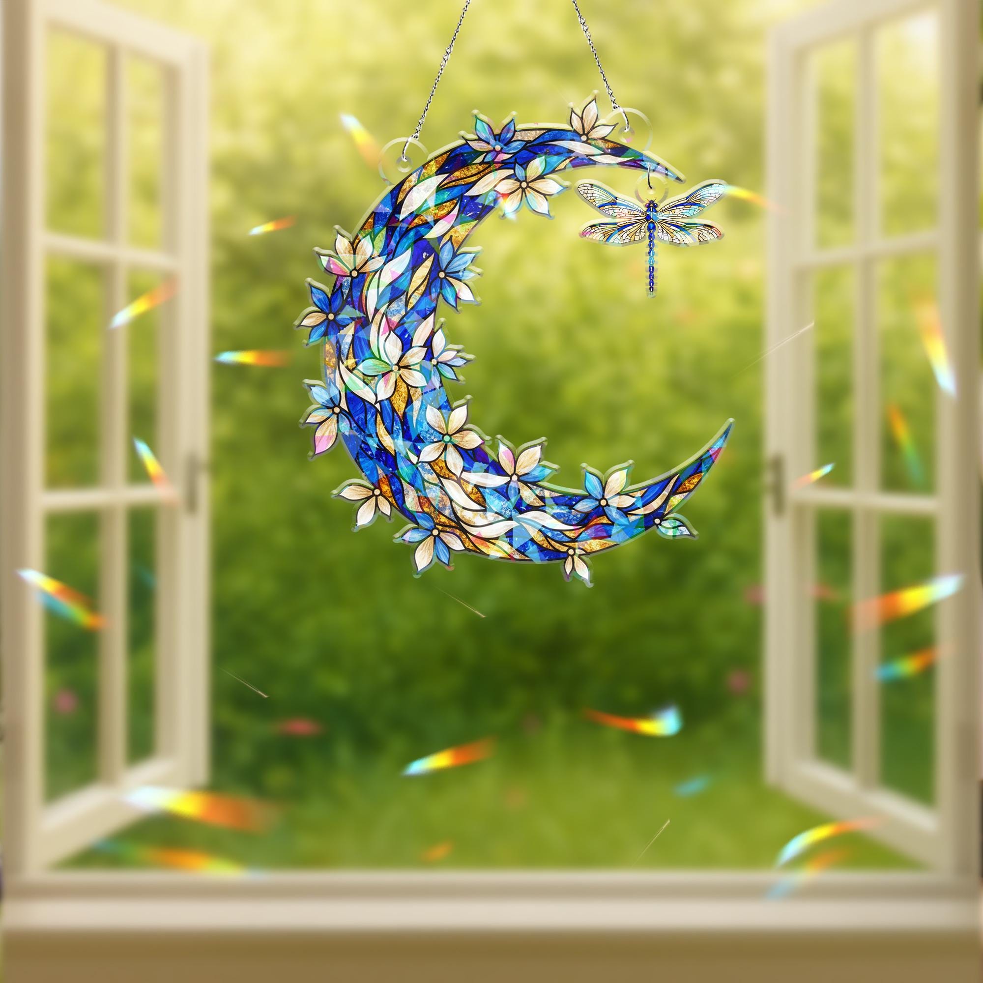 Hologram Acrylic Moon Window Decor – Crescent Design with Hanging Dragonfly Piece image 5