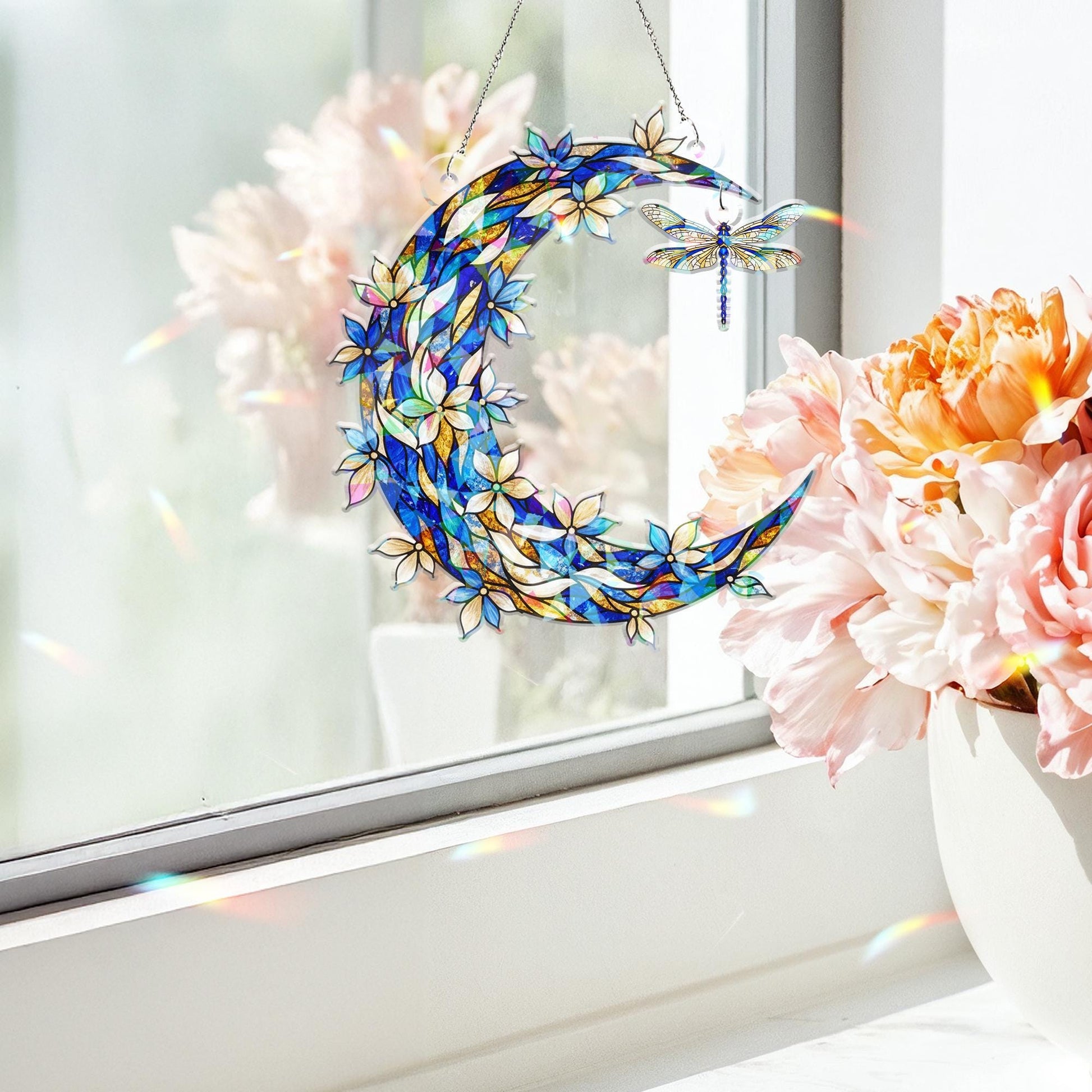 Hologram Acrylic Moon Window Decor – Crescent Design with Hanging Dragonfly Piece image 2
