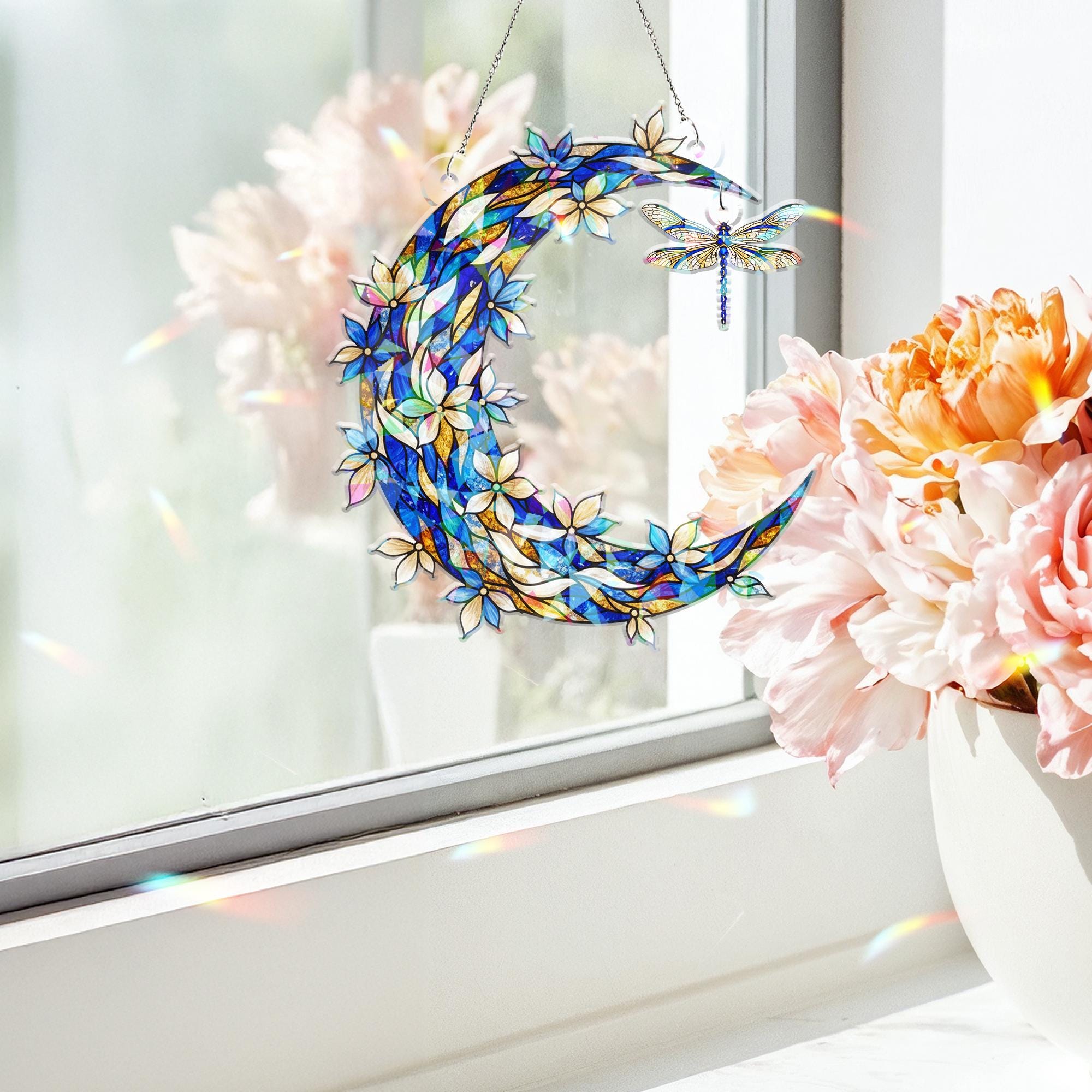 Hologram Acrylic Moon Window Decor – Crescent Design with Hanging Dragonfly Piece image 2