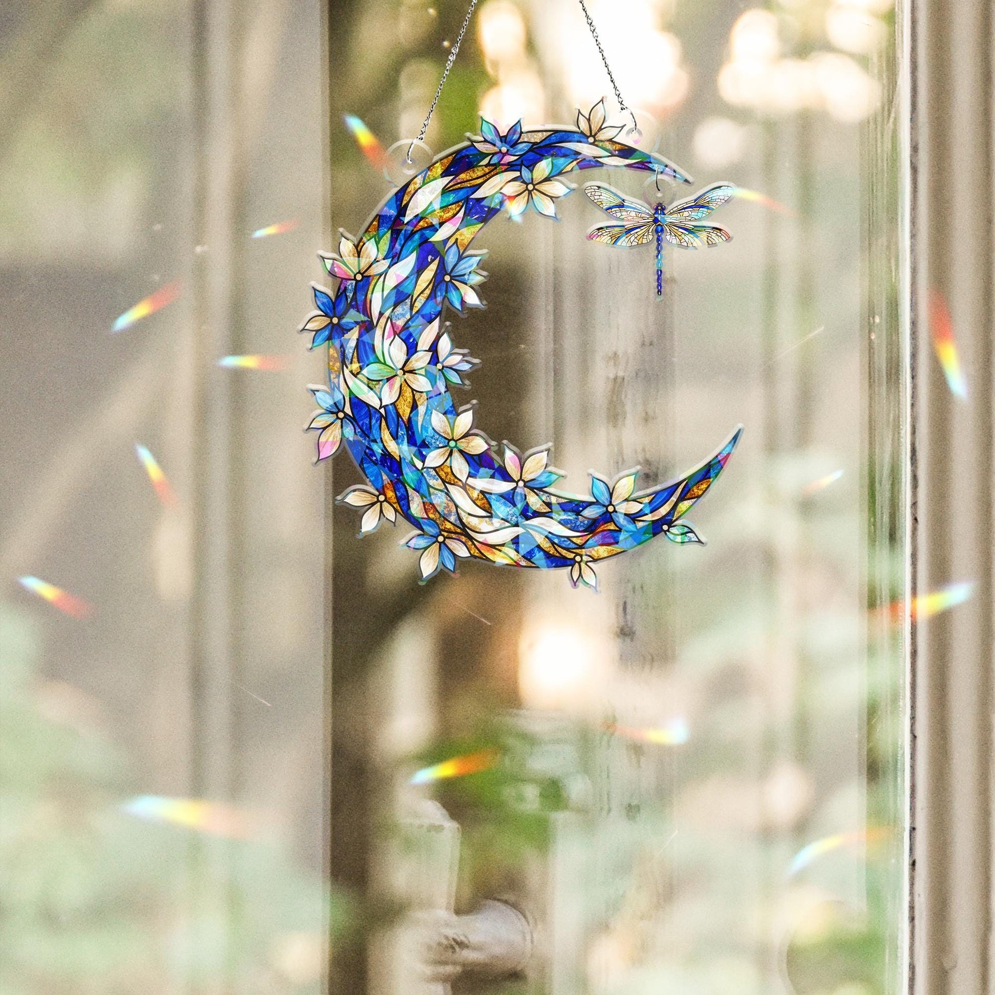 Hologram Acrylic Moon Window Decor – Crescent Design with Hanging Dragonfly Piece image 3
