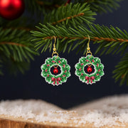 Christmas Wreath Dangle Earrings with Bell – Holiday Green and Red Bow Design Jewelry image 1
