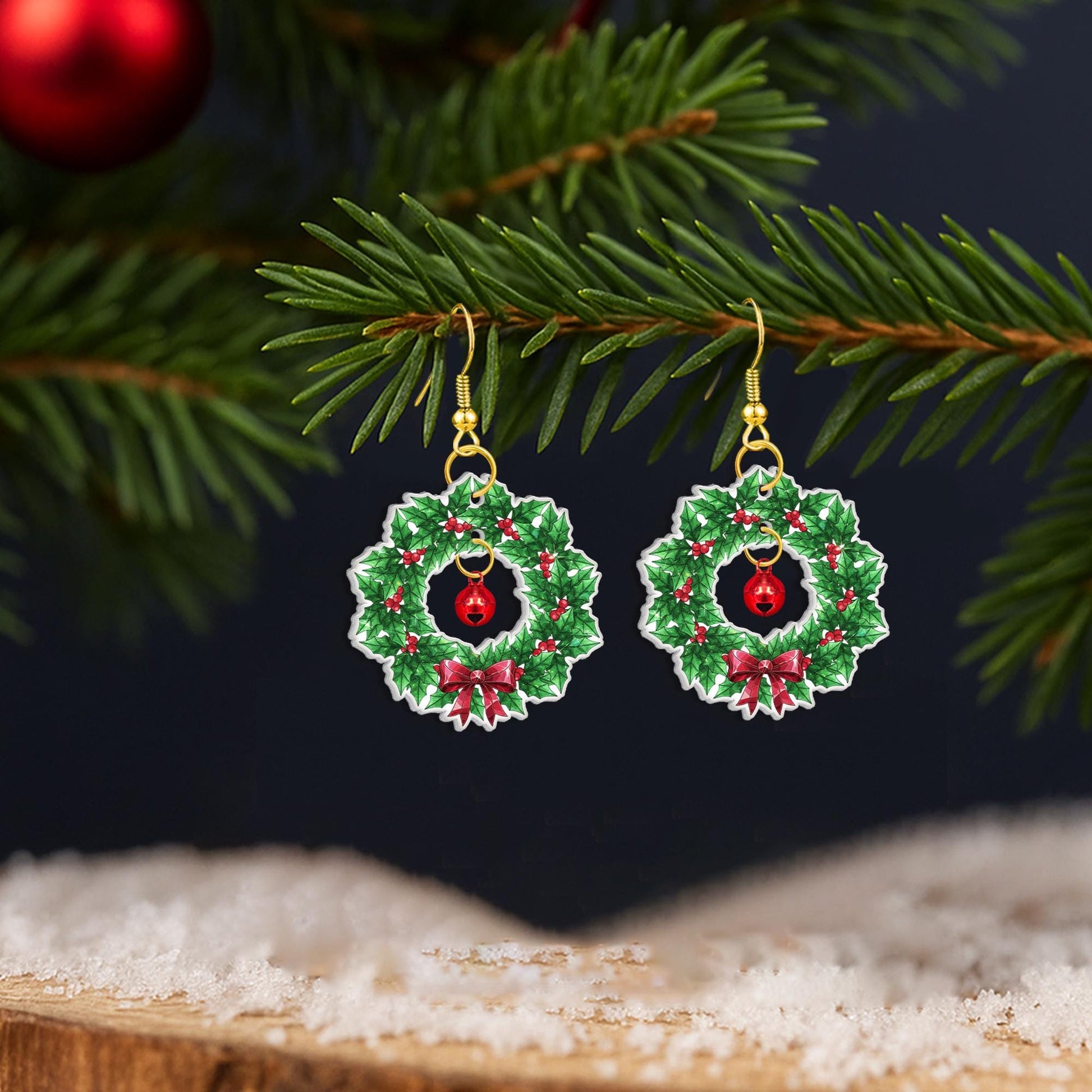 Christmas Wreath Dangle Earrings with Bell – Holiday Green and Red Bow Design Jewelry image 1