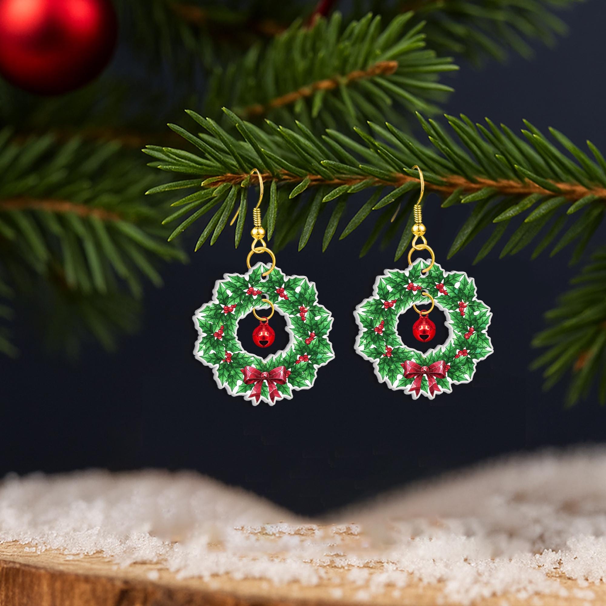 Christmas Wreath Dangle Earrings with Bell – Holiday Green and Red Bow Design Jewelry image 1