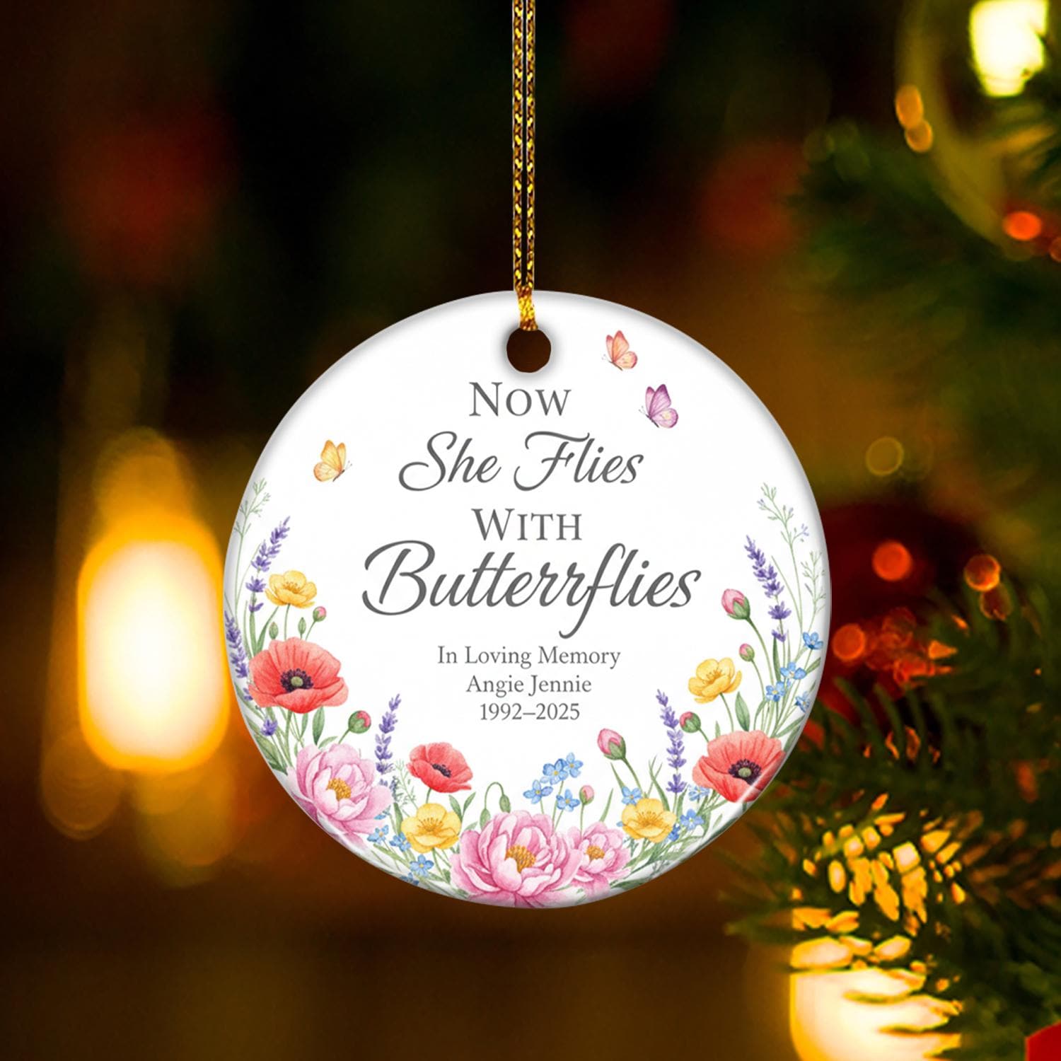 Personalised “Now She Flies With Butterflies” Memorial Ornament – Custom Name & Dates image 1