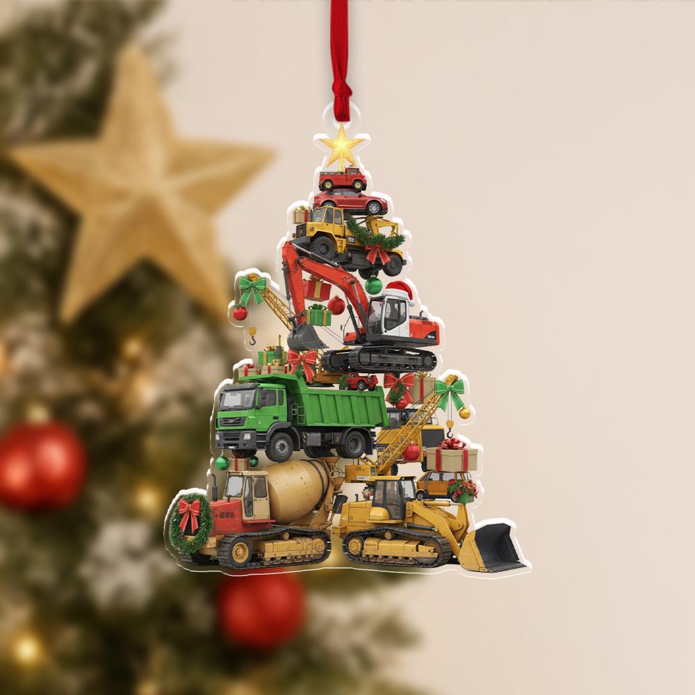 Construction Truck Christmas Ornament – Bulldozer Excavator Cement Mixer Tree image 1