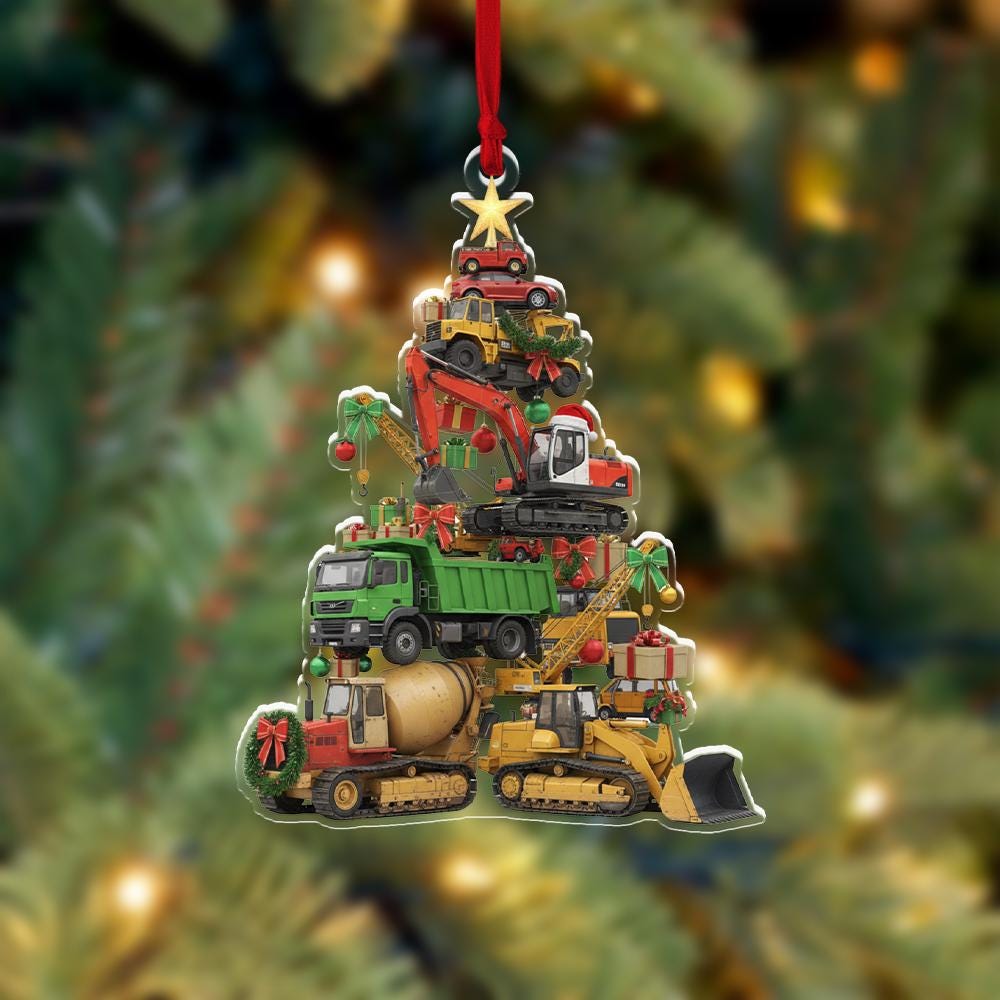 Construction Truck Christmas Ornament – Bulldozer Excavator Cement Mixer Tree image 2