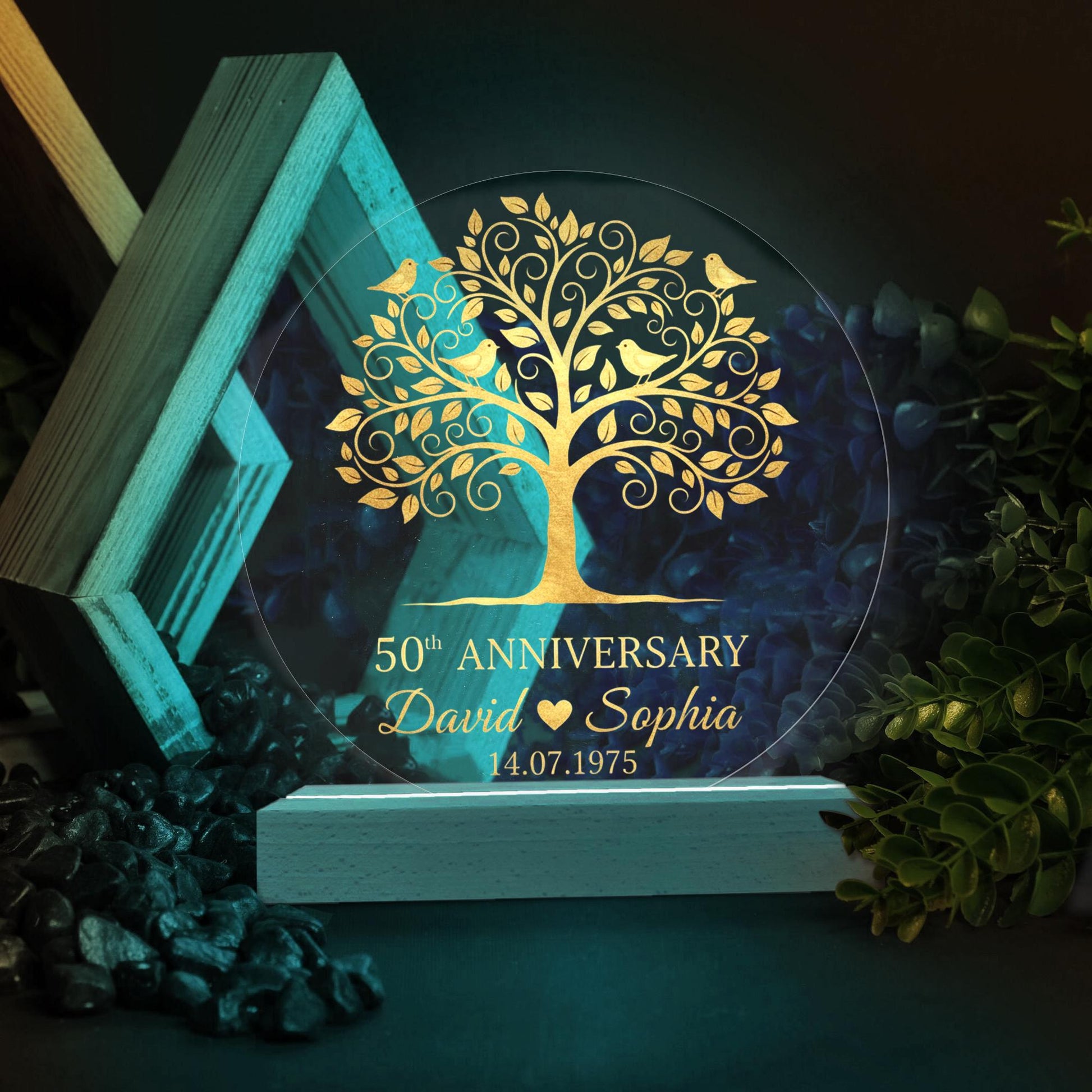 Personalised 50th Anniversary LED Light – Custom Name & Date Acrylic Lamp with Wooden Base image 2