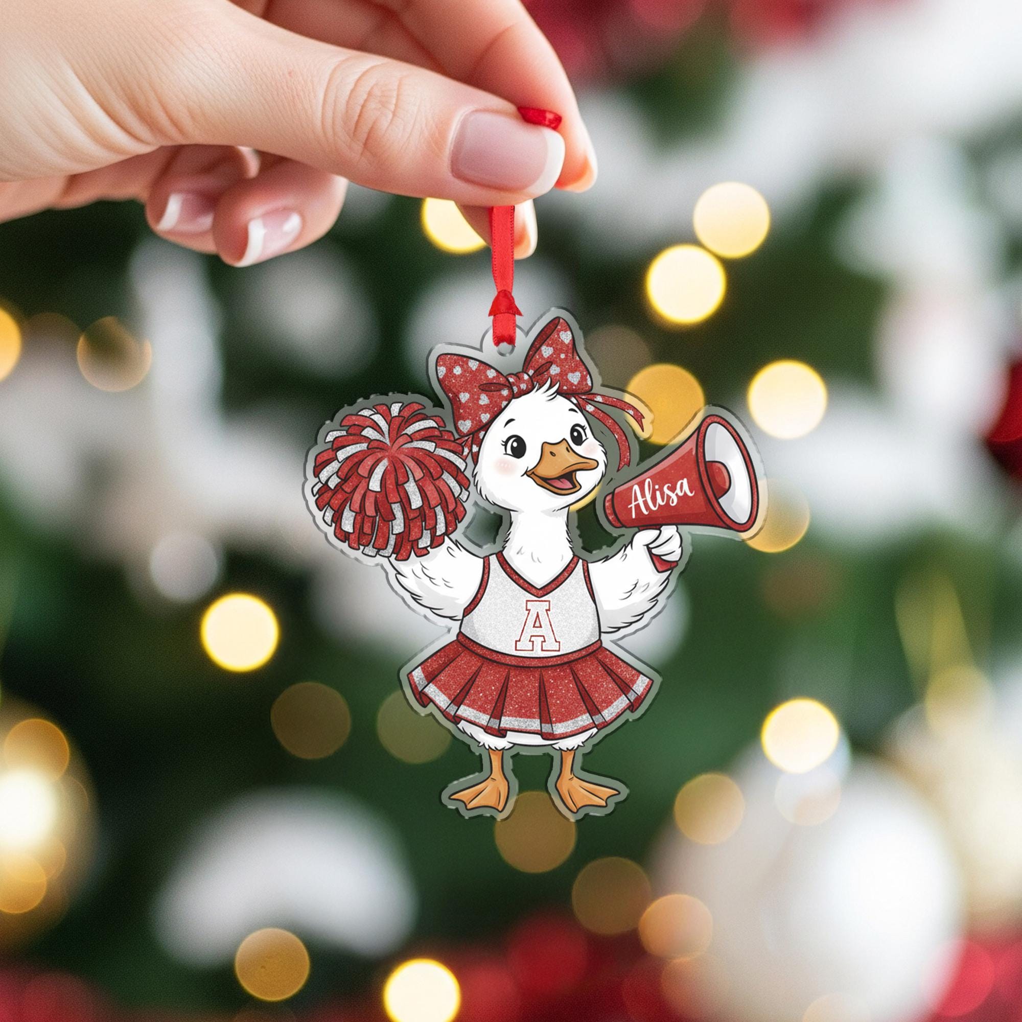 Personalized Cheerleader Duck Ornament – Custom Name Christmas Decoration with Pom Poms and Megaphone image 3