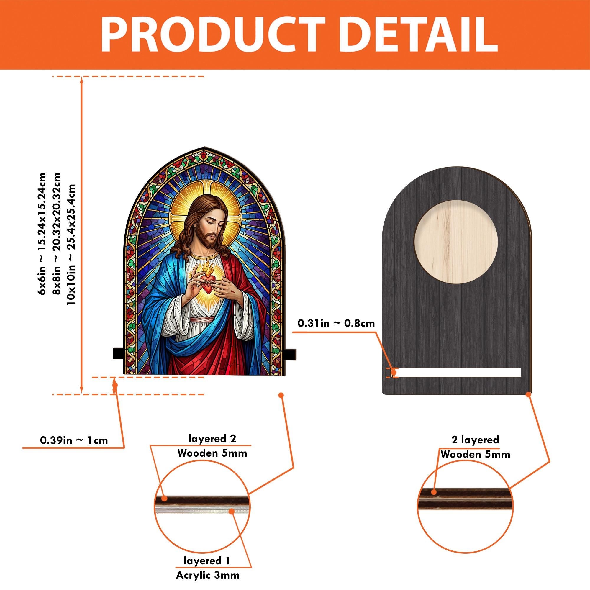 Sacred Heart Candle Holder – Stained Glass Jesus Design with Wood Base, Religious Home Decoration image 4