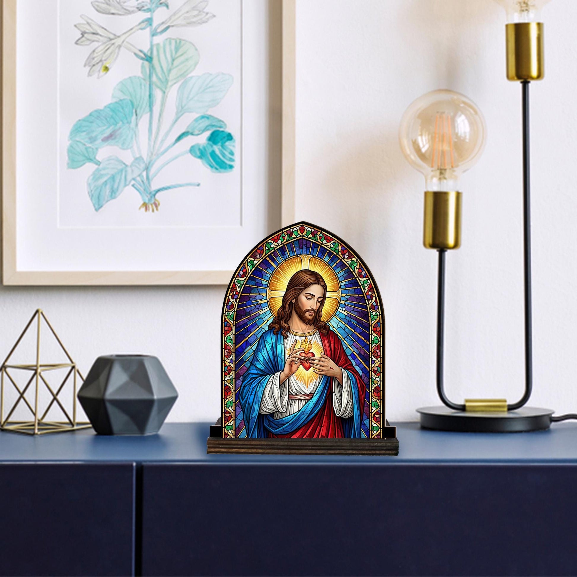 Sacred Heart Candle Holder – Stained Glass Jesus Design with Wood Base, Religious Home Decoration image 5