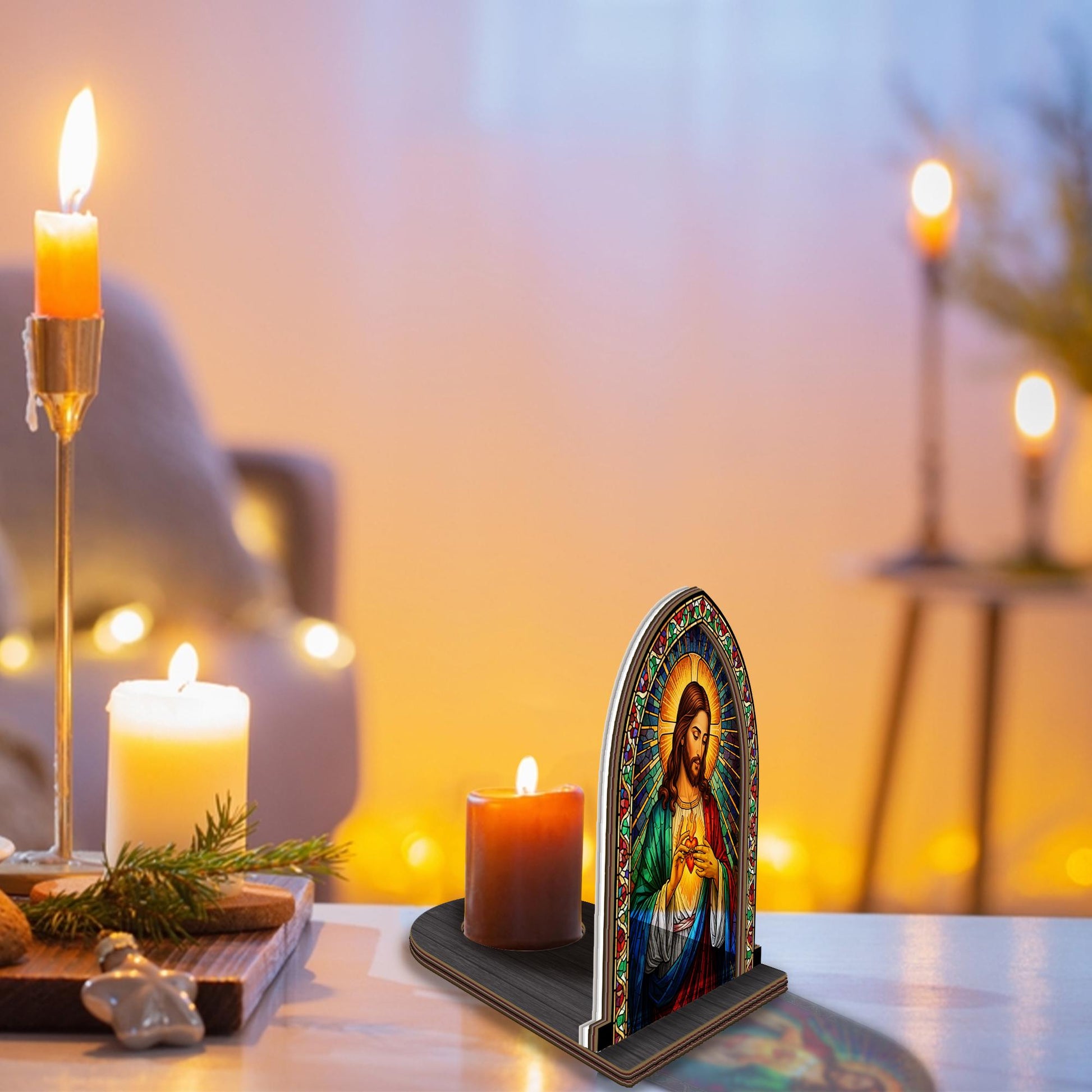 Sacred Heart Candle Holder – Stained Glass Jesus Design with Wood Base, Religious Home Decoration image 7