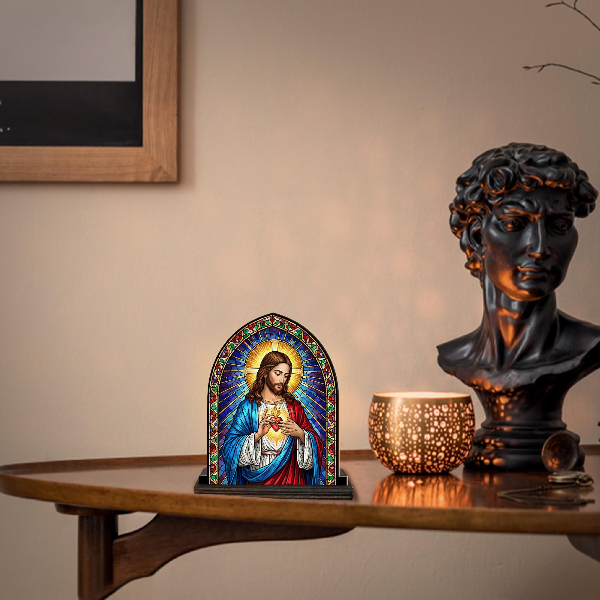 Sacred Heart Candle Holder – Stained Glass Jesus Design with Wood Base, Religious Home Decoration image 1