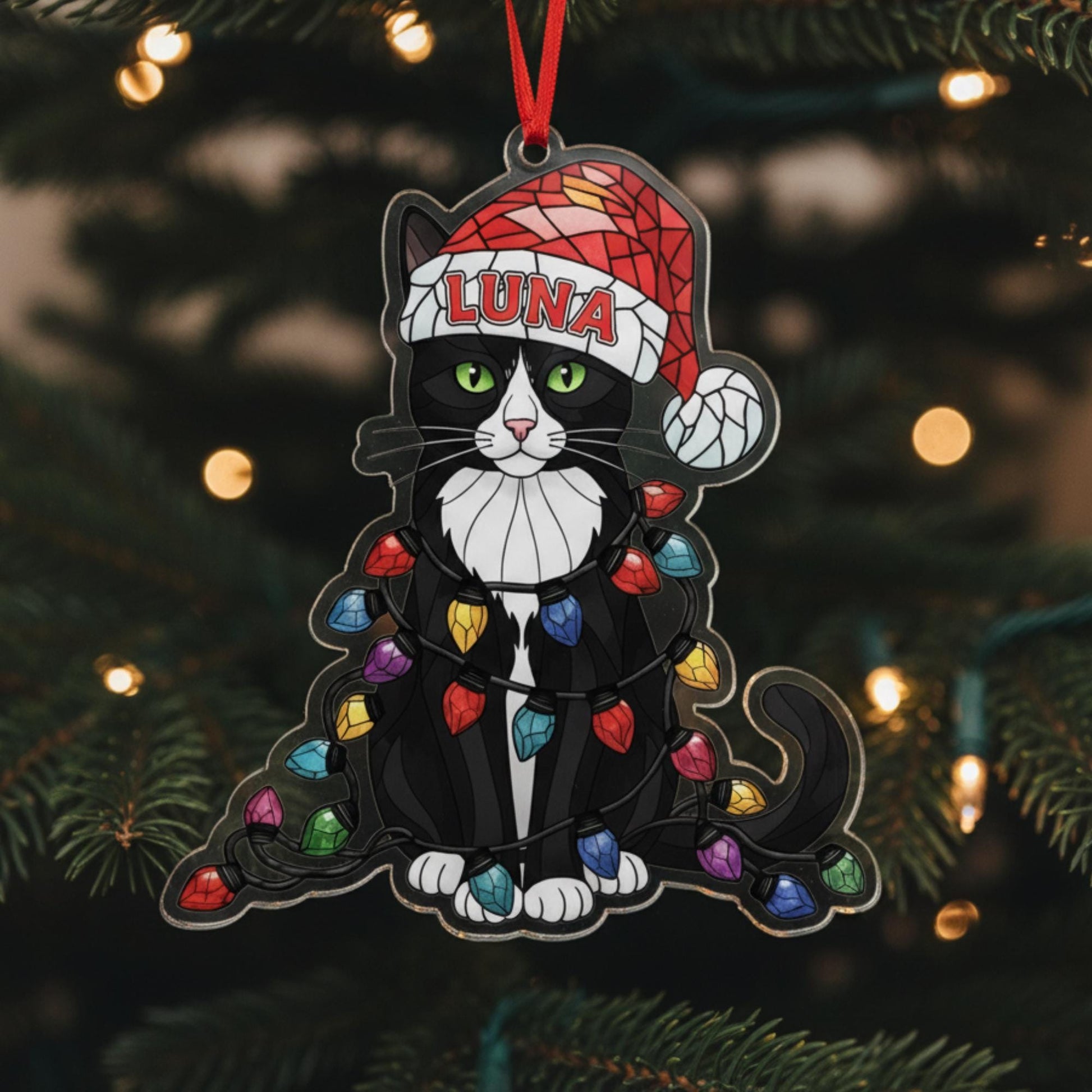Custom Tuxedo Cat Ornament – Personalized Black & White Cat Acrylic Tree Decoration image 1