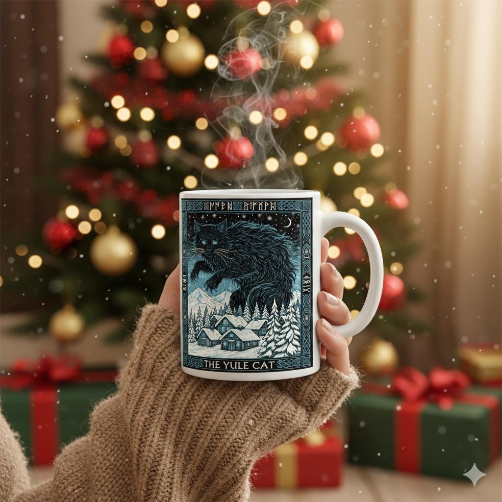 Yule Cat Tarot Mug – Winter Solstice Black Cat Ceramics Coffee Cup image 2