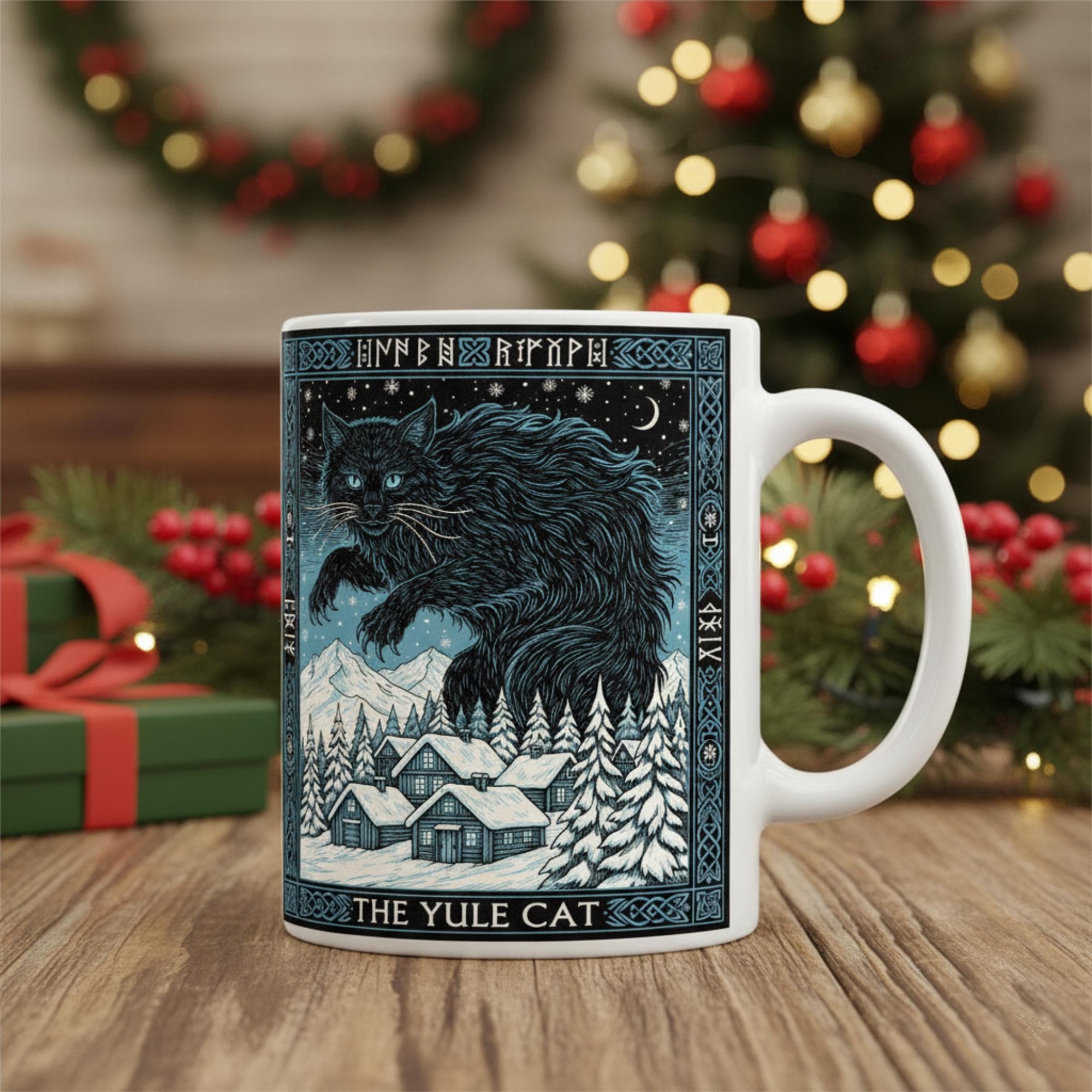 Yule Cat Tarot Mug – Winter Solstice Black Cat Ceramics Coffee Cup image 1