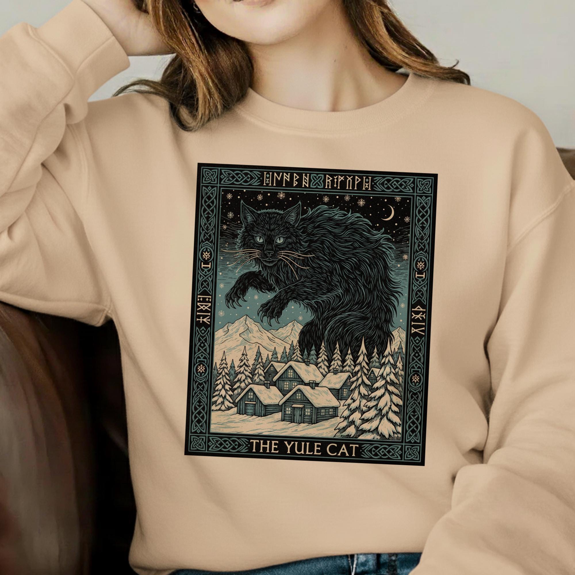 Yule Cat Tarot Shirt – Winter Solstice Black Cat Sweatshirt image 3