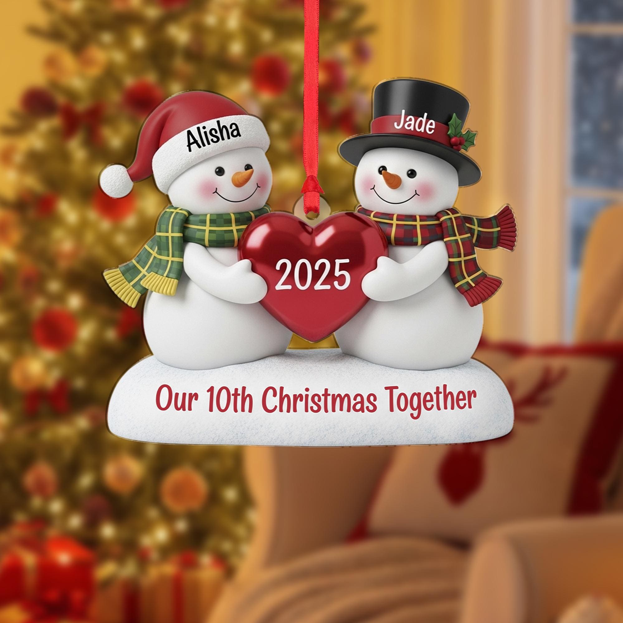 Personalized Snowman Couple Ornament: Custom Names, 10th Anniversary Gift, 2025 image 2