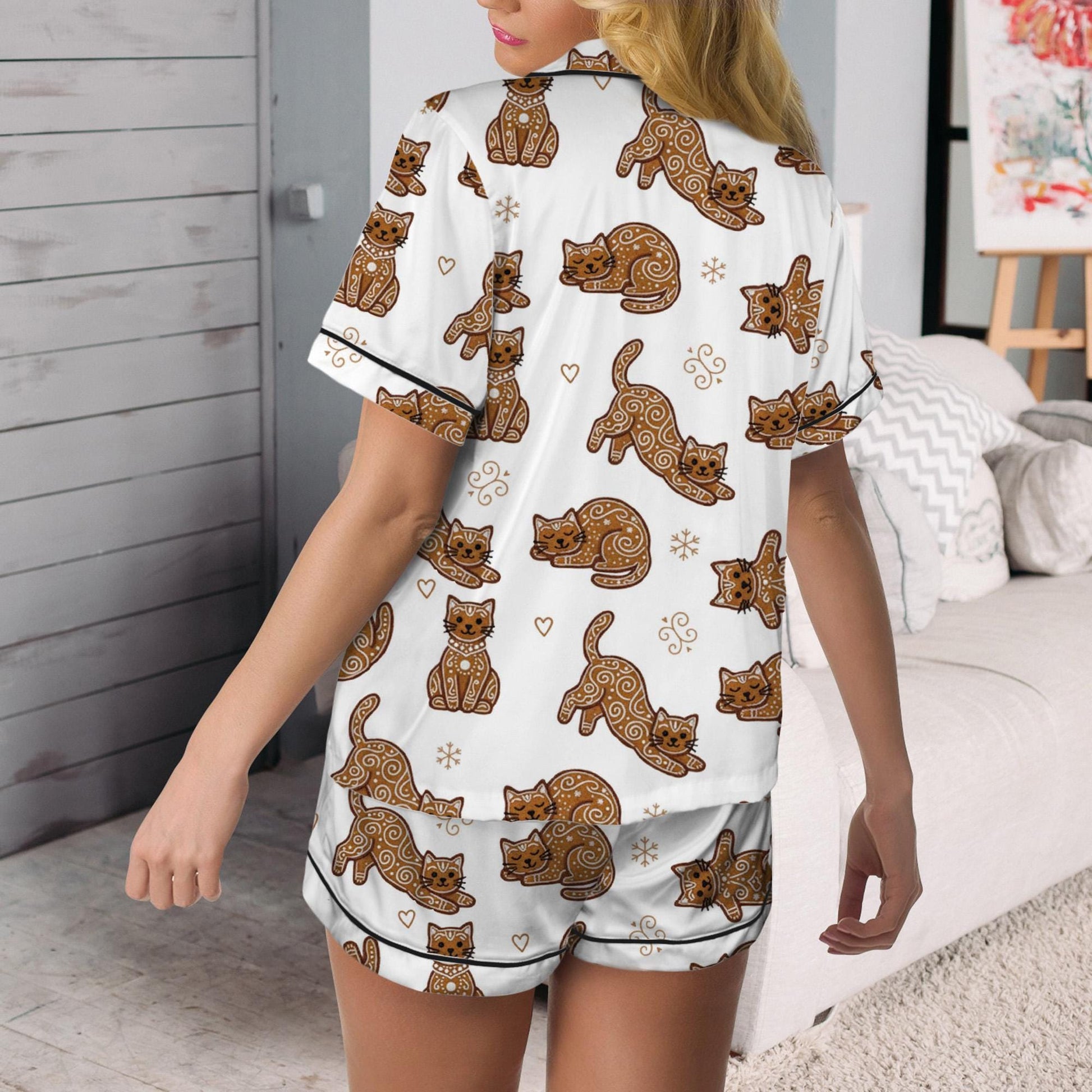Gingerbread Cat Christmas Pajama Set: Cozy Satin Sleepwear image 4