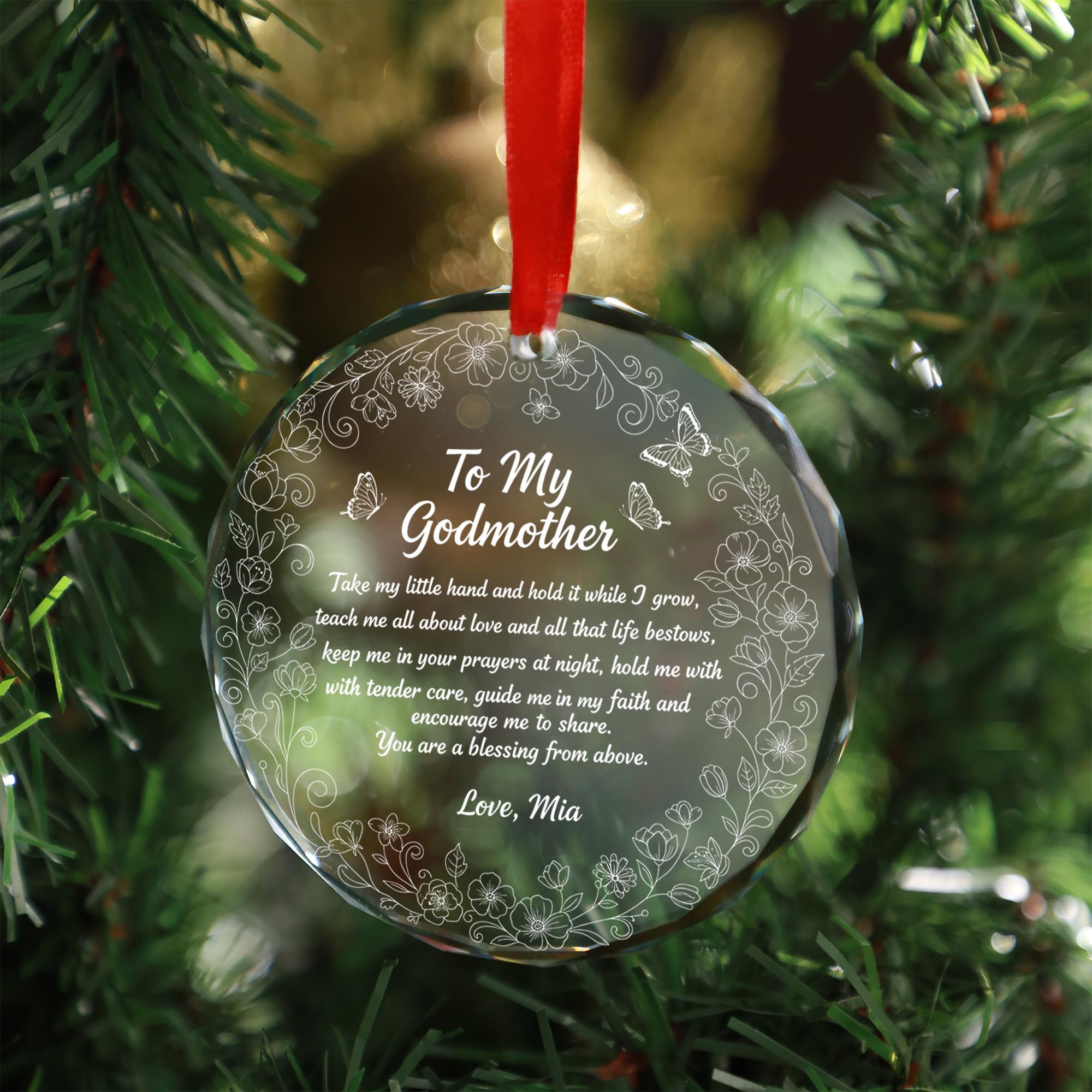 Glass Ornament – To My Godmother Poem Design with Floral Border and Red Ribbon image 1