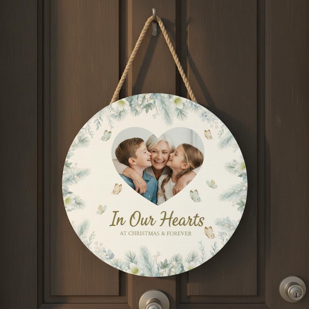 Personalized Photo Memorial Sign, Round Wood Plaque, Custom Christmas Sympathy Gift image 1