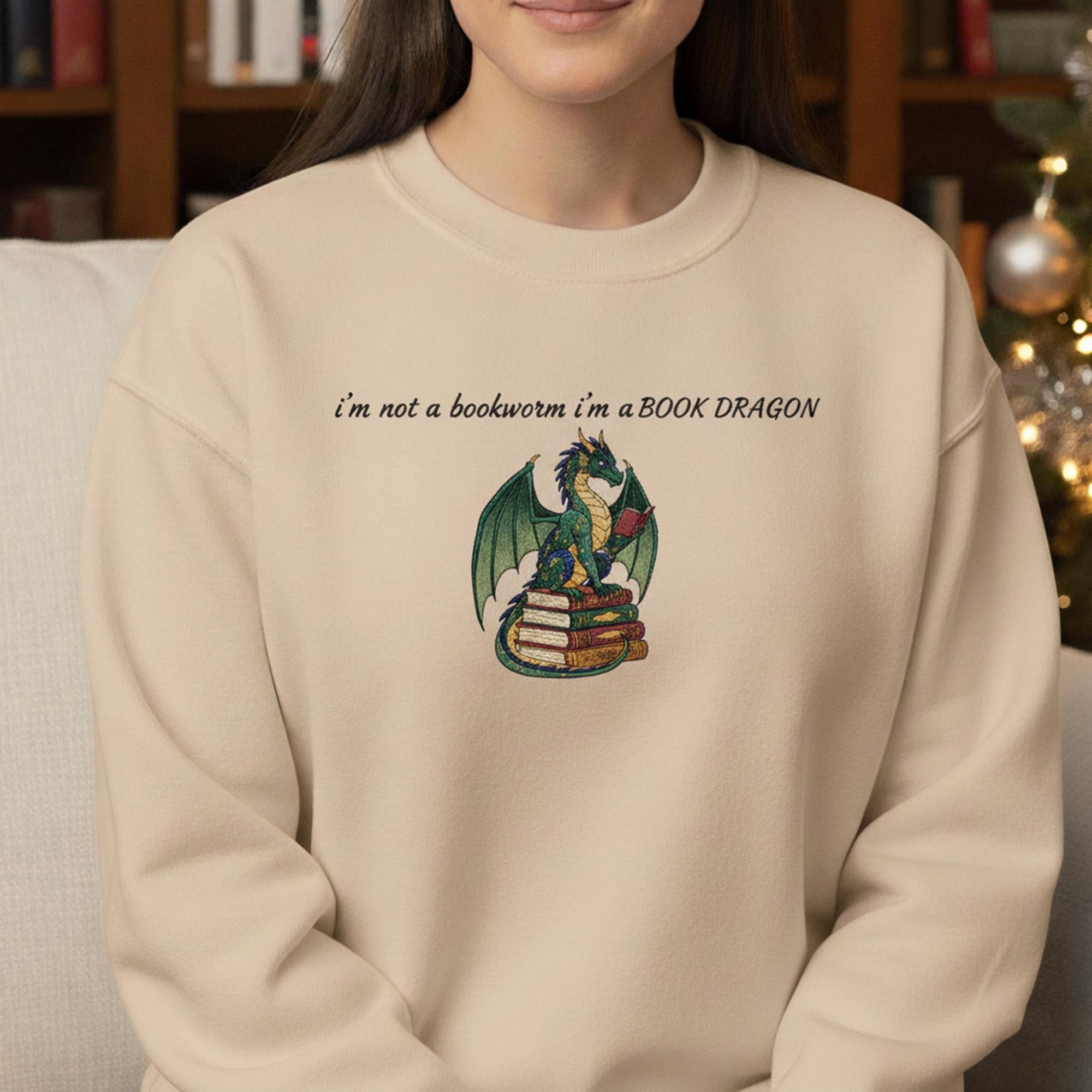 Embroidered Book Dragon Sweatshirt: Funny Reading Jumper, Fantasy Book Lover Gift, White Crewneck image 2