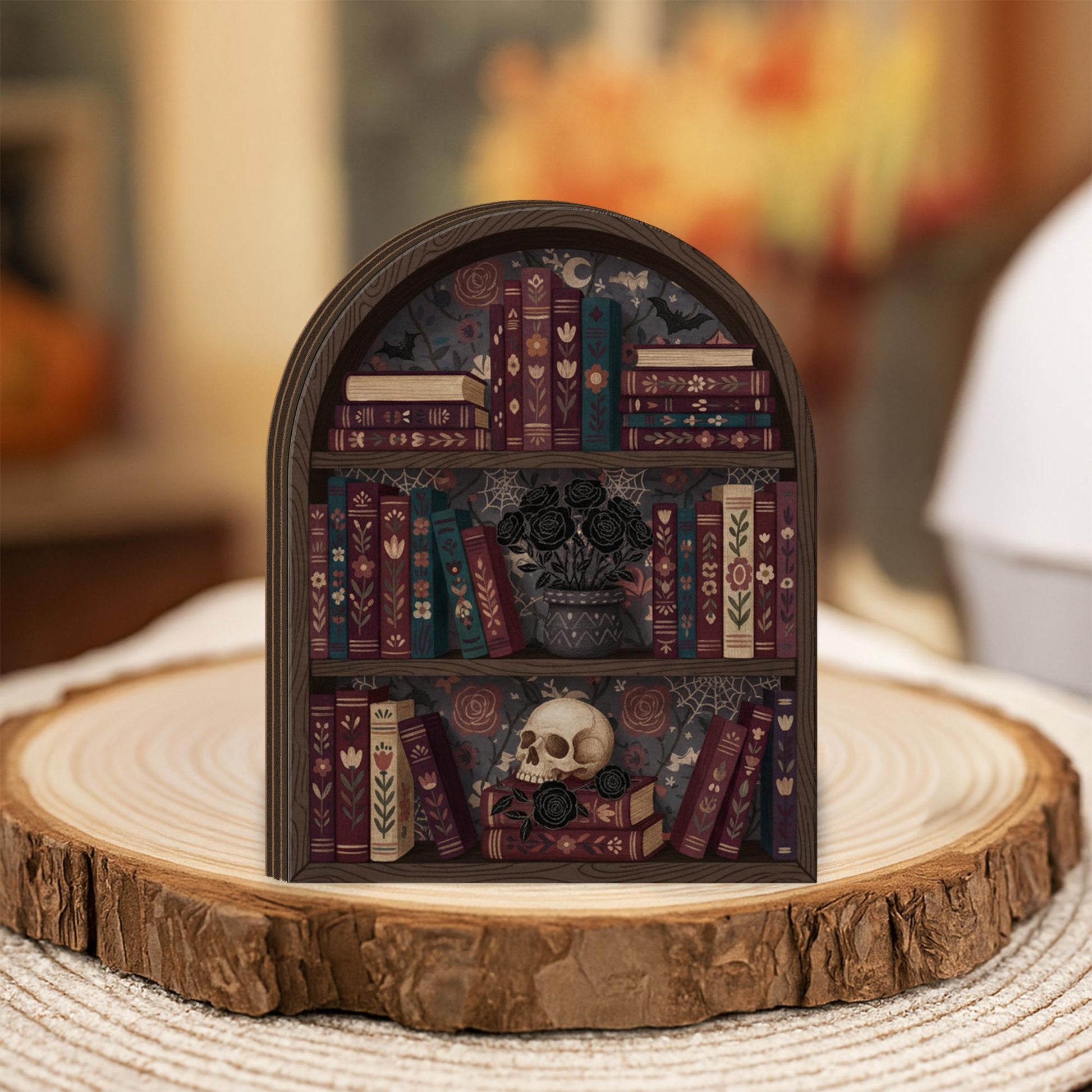 Gothic Bookshelf Wooden Block | Dark Academia Decor | Skull and Black Roses Book Art image 5