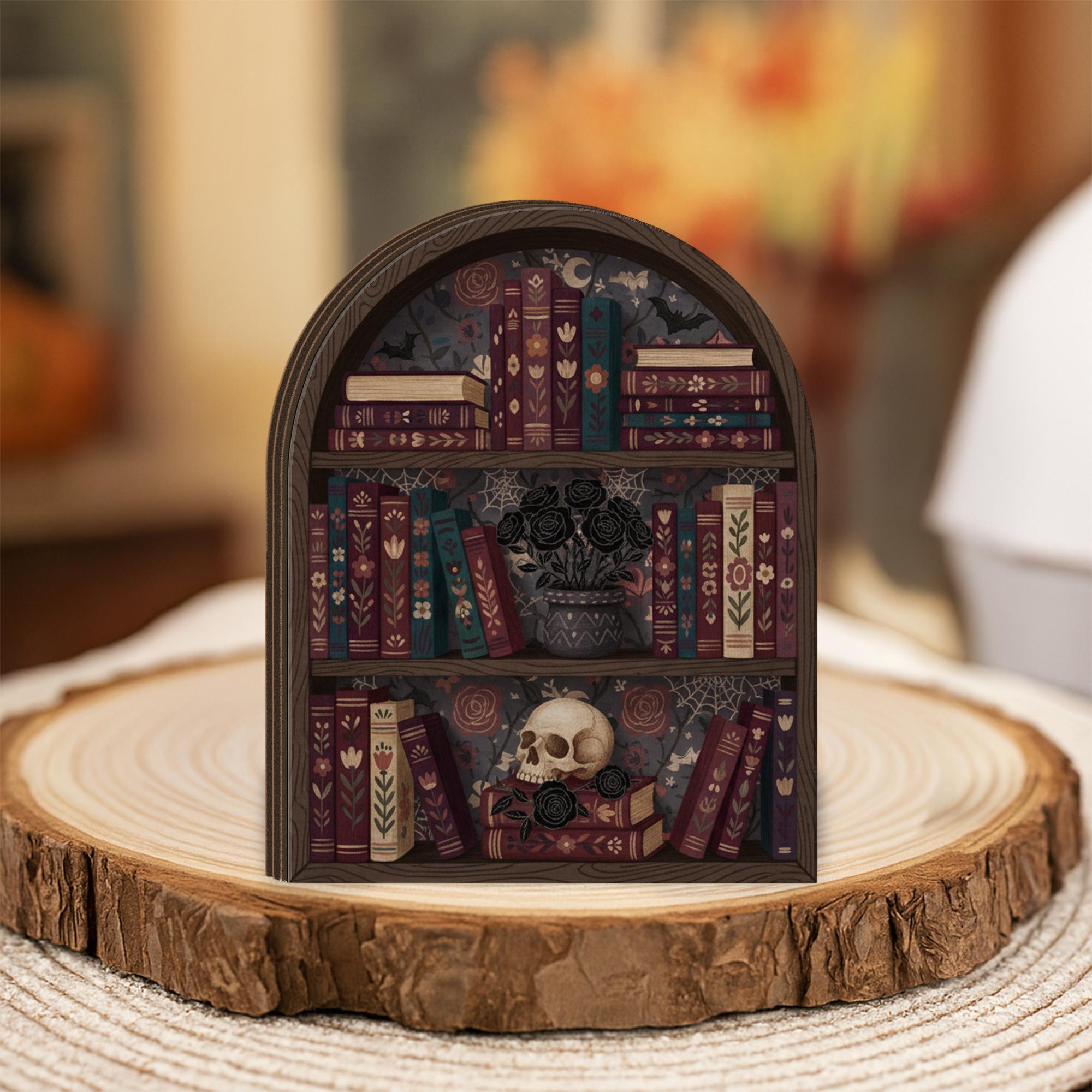 Gothic Bookshelf Wooden Block | Dark Academia Decor | Skull and Black Roses Book Art image 5