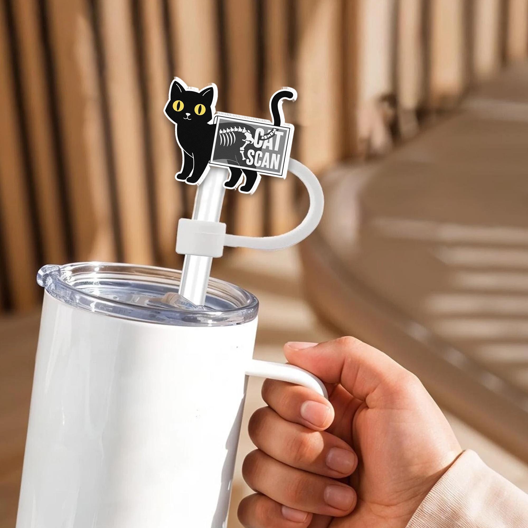 Black Cat Scan Acrylic Straw Topper: Funny Drink Decoration image 1