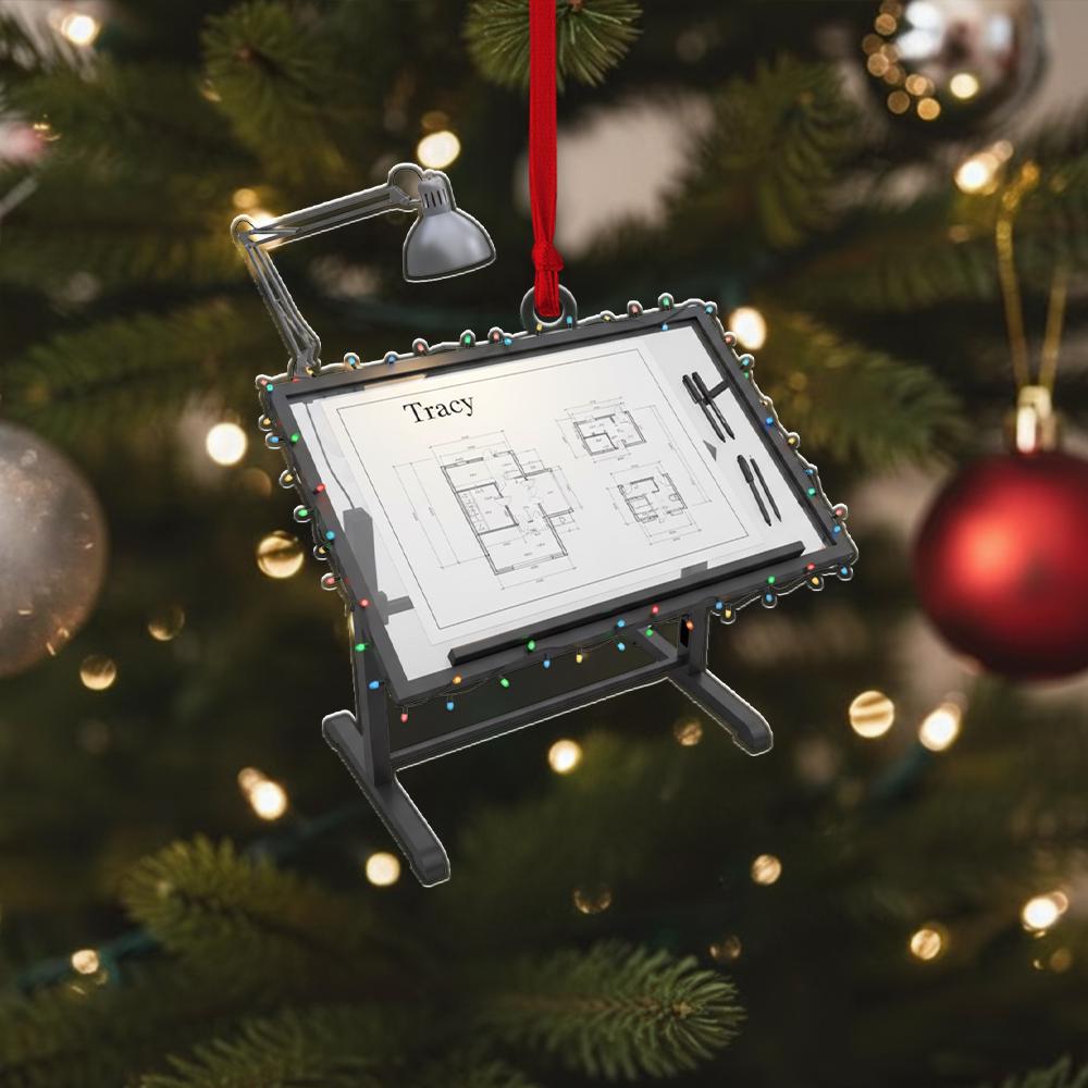 Architect Christmas Ornament – Custom Name Blueprint Desk Decoration, Drafting Table Gift for Designers image 1