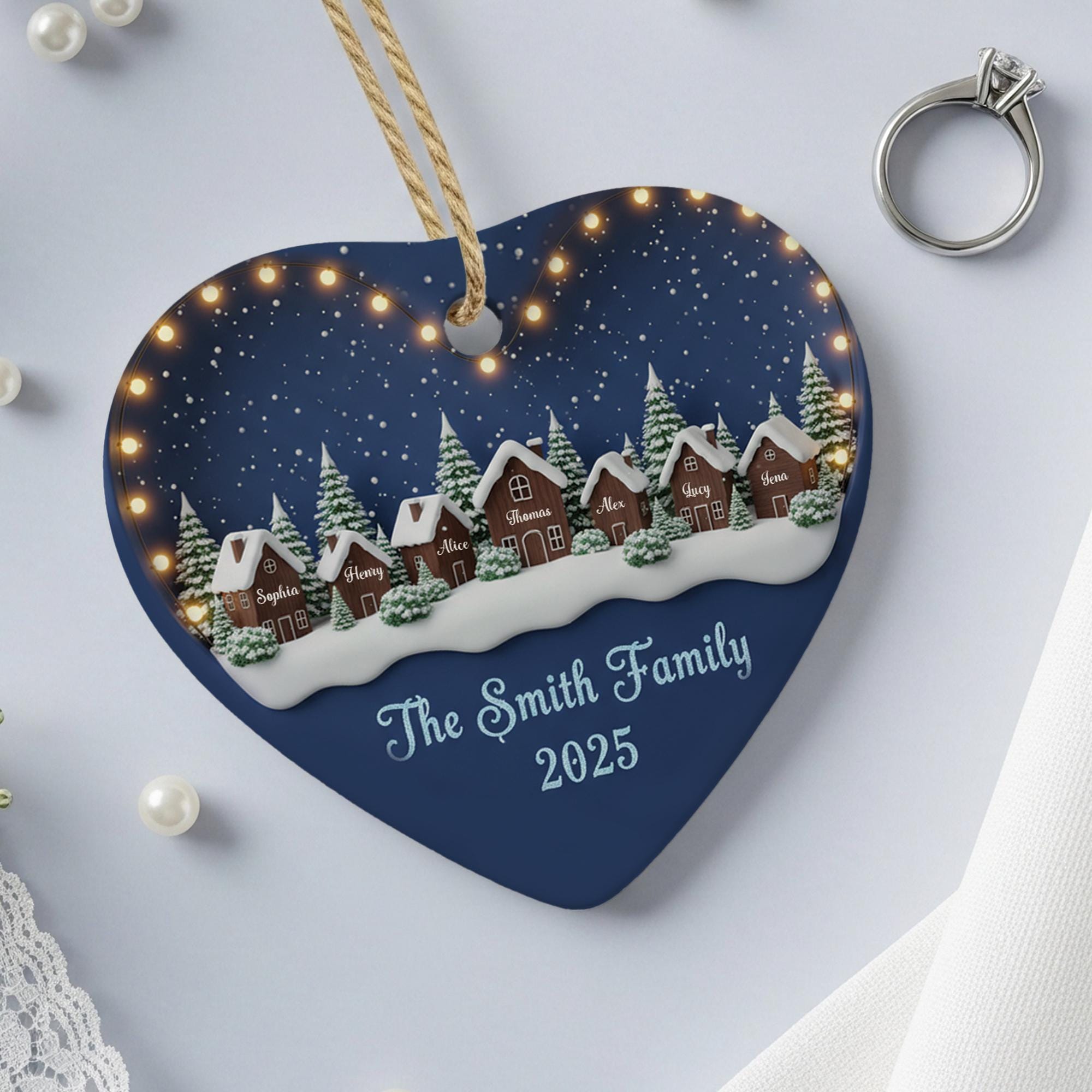 Personalized Family Name Ornament: Custom Village Houses, Ceramic Heart, 2025 image 1