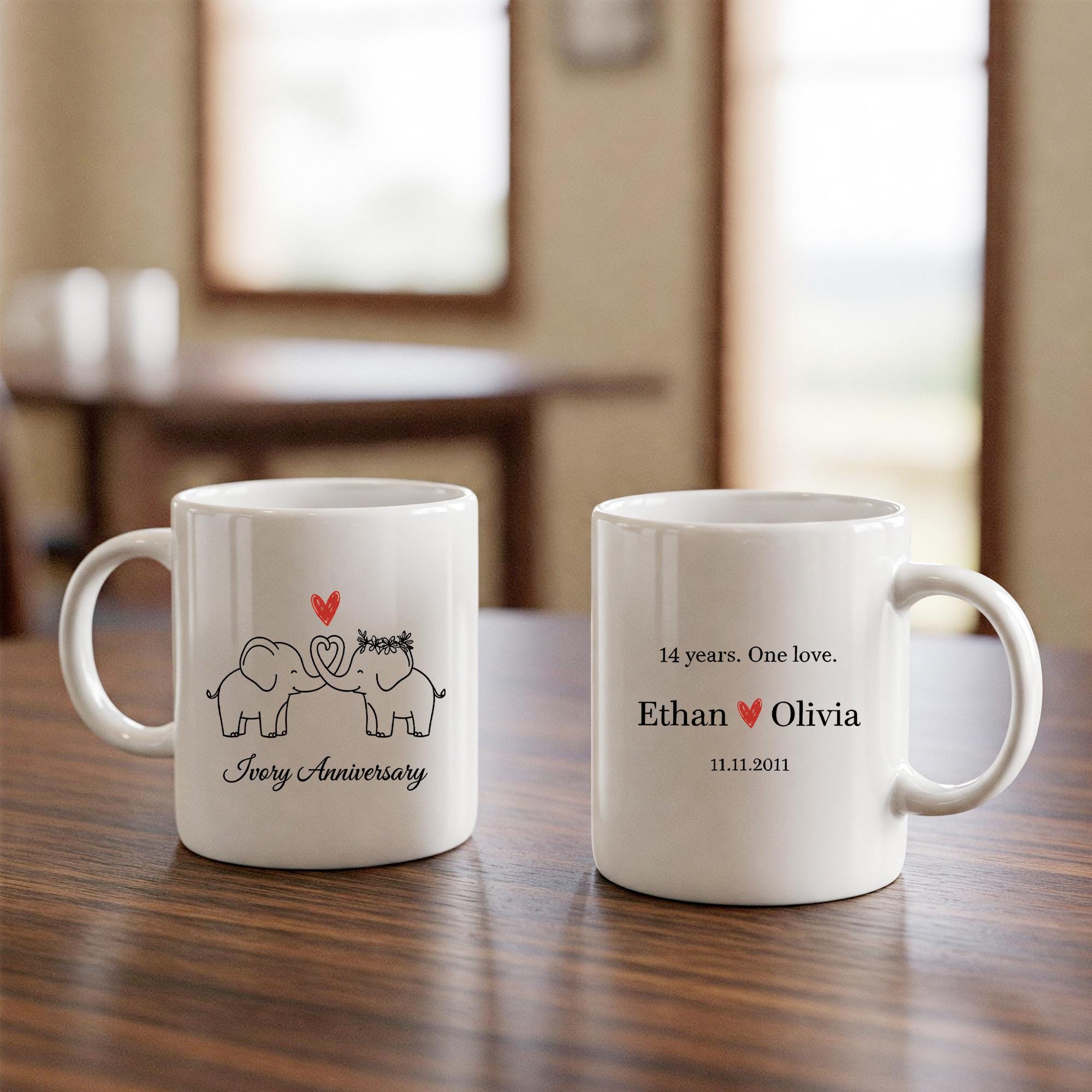 Ivory Anniversary Mug, Custom Elephant Couple Coffee Cup, Personalized Name and Date Mug image 3