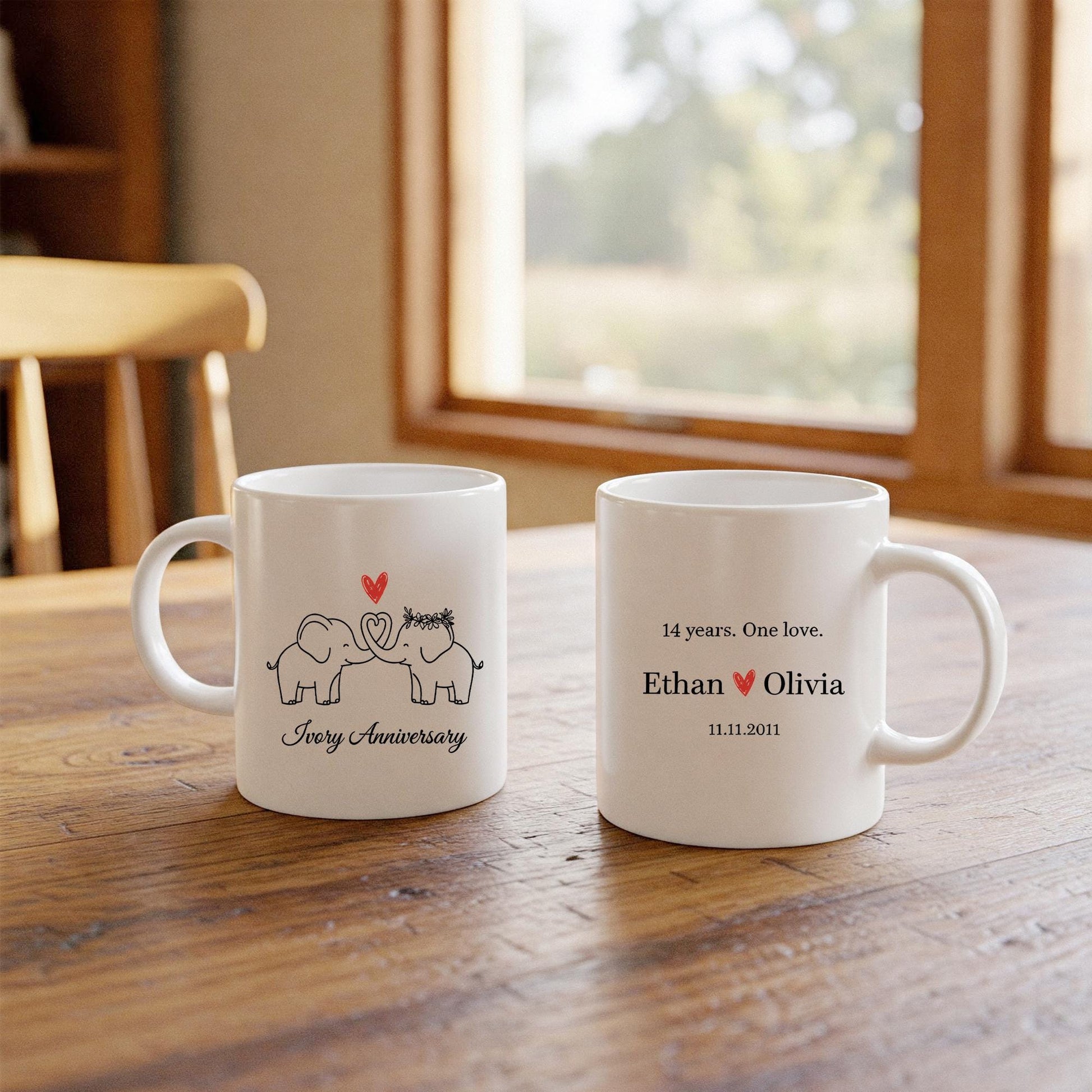 Ivory Anniversary Mug, Custom Elephant Couple Coffee Cup, Personalized Name and Date Mug image 5