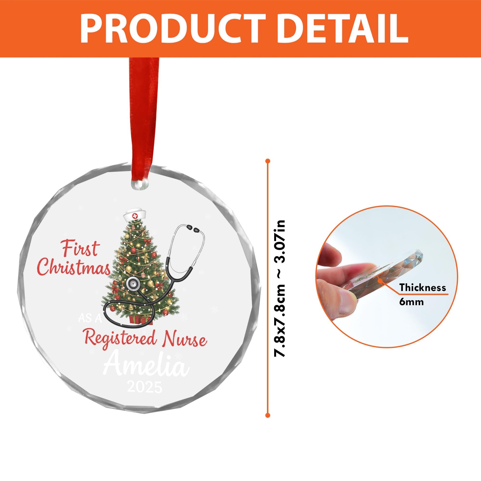 Personalized Glass Ornament – First Christmas as a Registered Nurse Design with Tree and Stethoscope image 2