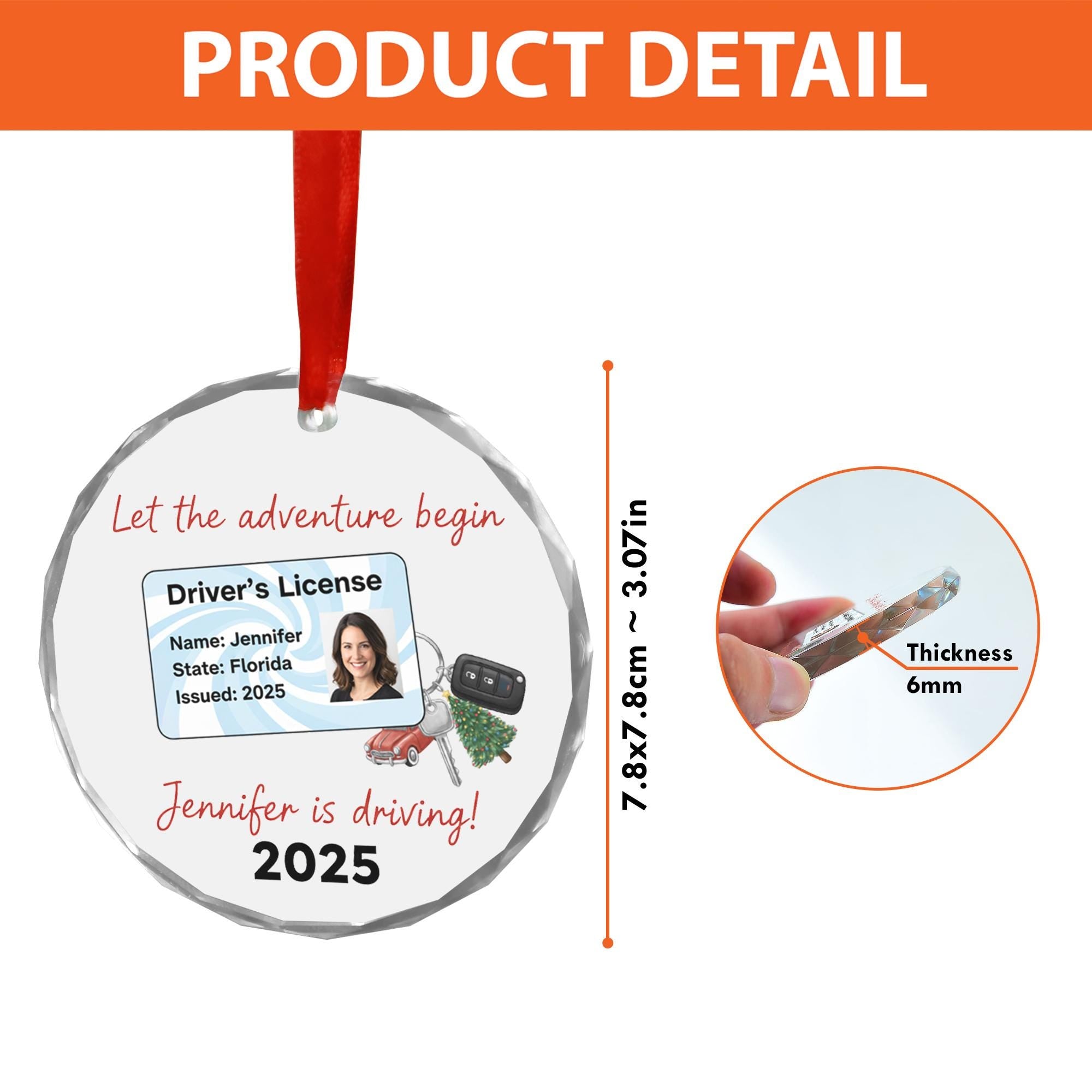 Personalized Glass Ornament – New Driver License Design with Car Keys and Year 2025 image 2