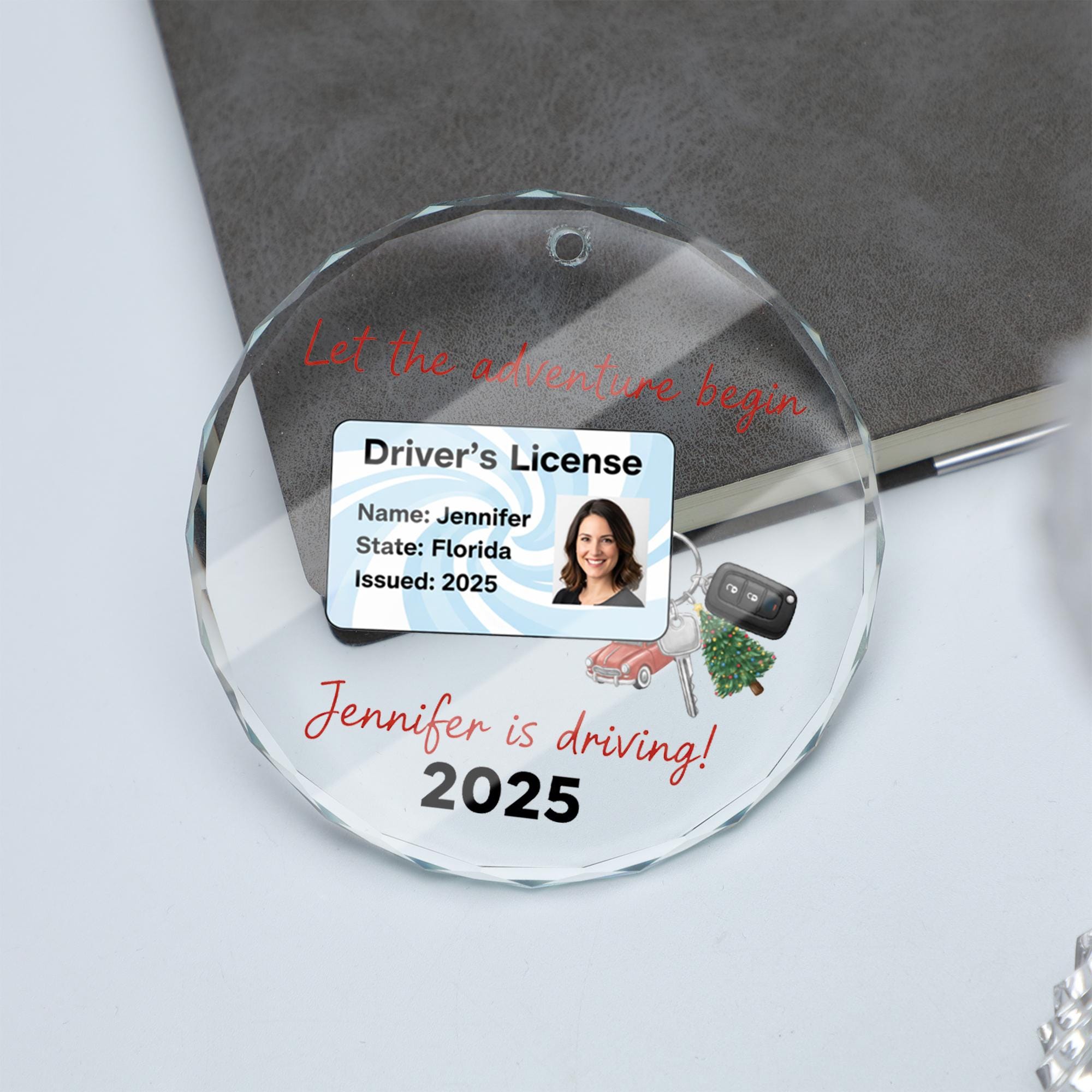 Personalized Glass Ornament – New Driver License Design with Car Keys and Year 2025 image 1