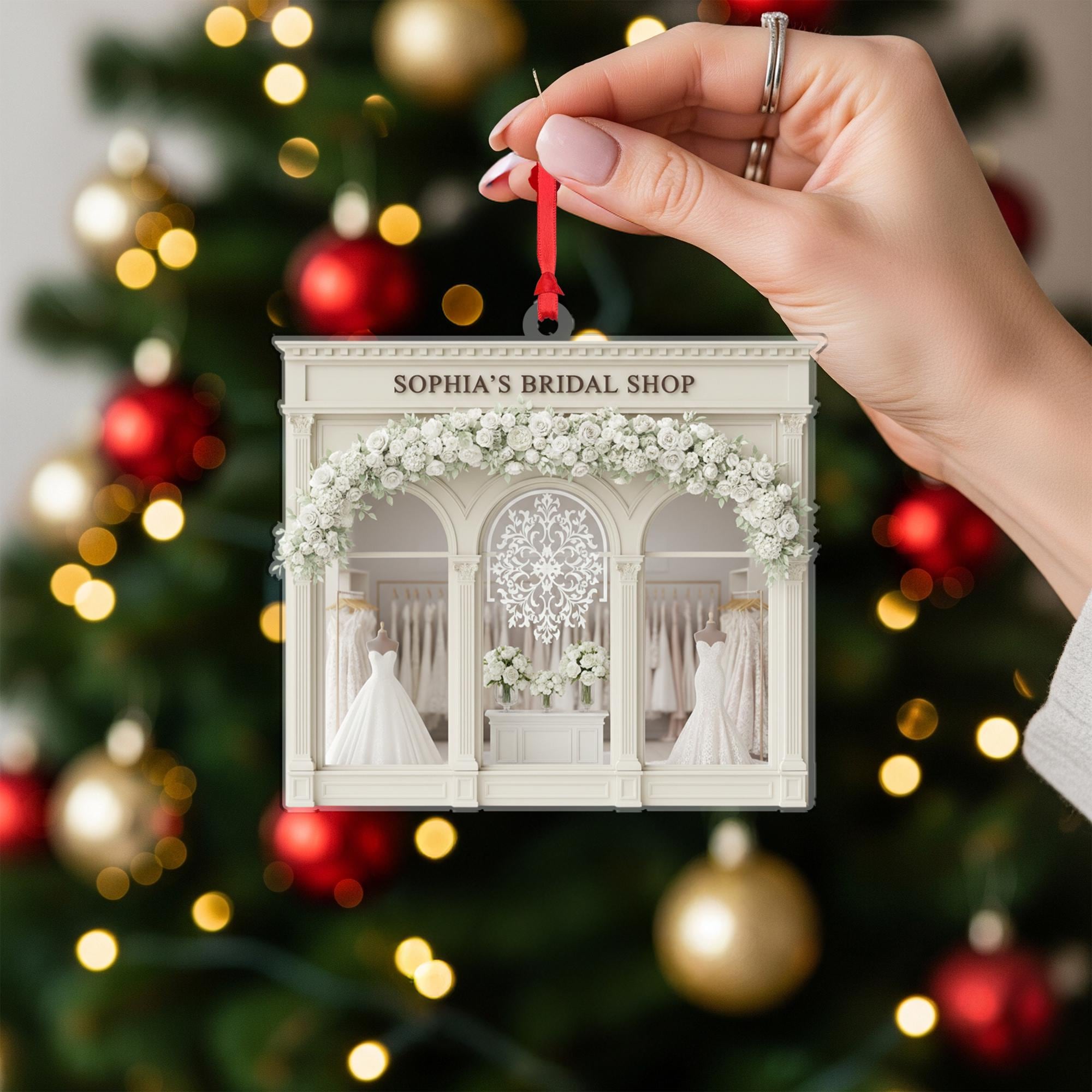 Personalized Bridal Shop Ornament – Custom Name Acrylic Decoration with Wedding Dress Display image 1