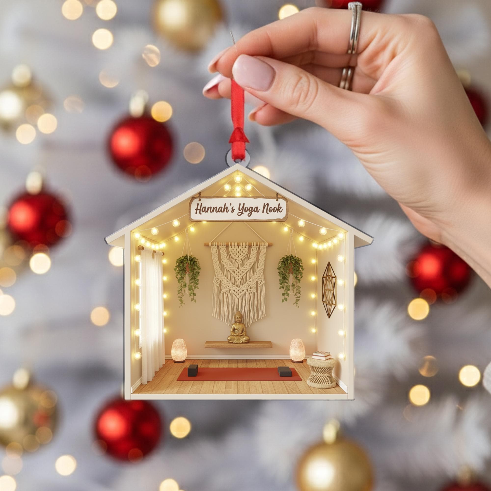 Personalized Yoga Room Ornament – Custom Name Acrylic Decoration with Meditation Nook Design image 1