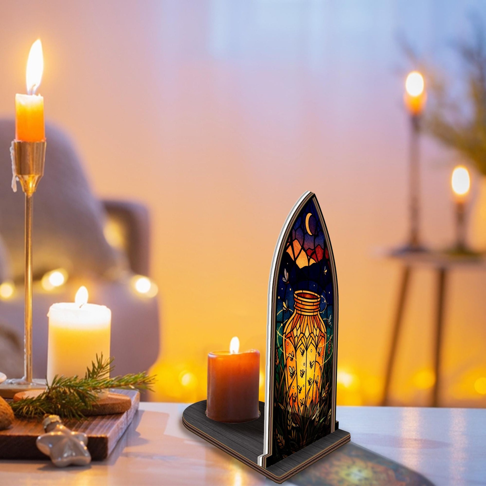 Wooden Candle Holder Rustic Arch Lantern Stand – Arched Glass Panel Firefly Jar Decor image 3