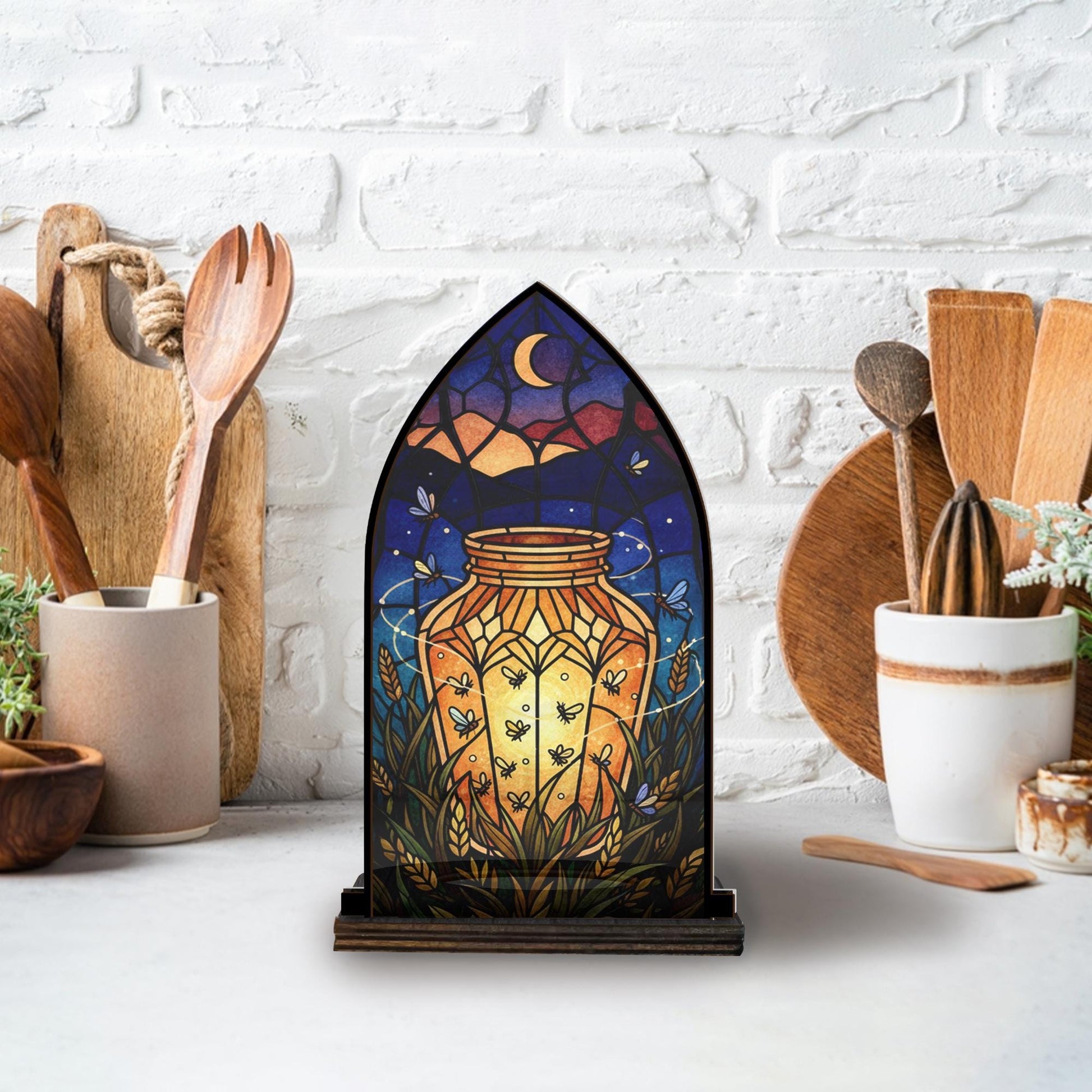 Wooden Candle Holder Rustic Arch Lantern Stand – Arched Glass Panel Firefly Jar Decor image 4
