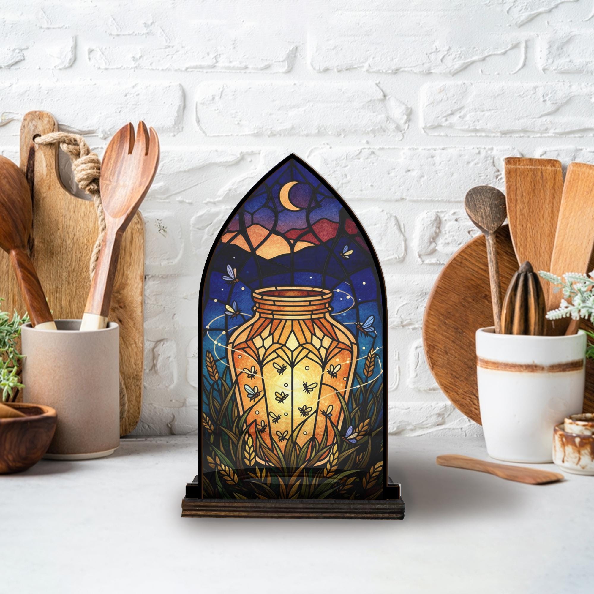 Wooden Candle Holder Rustic Arch Lantern Stand – Arched Glass Panel Firefly Jar Decor image 4