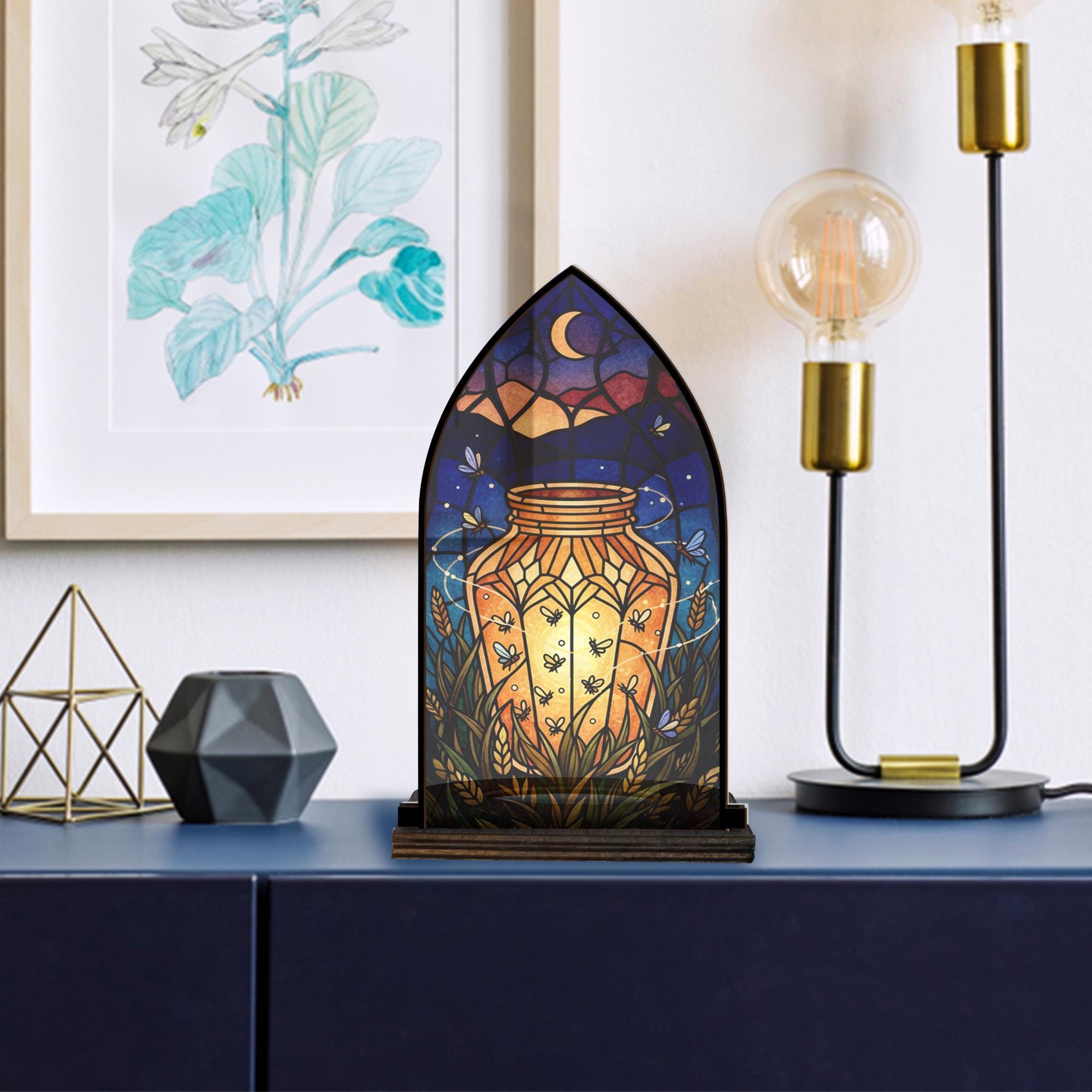 Wooden Candle Holder Rustic Arch Lantern Stand – Arched Glass Panel Firefly Jar Decor image 2