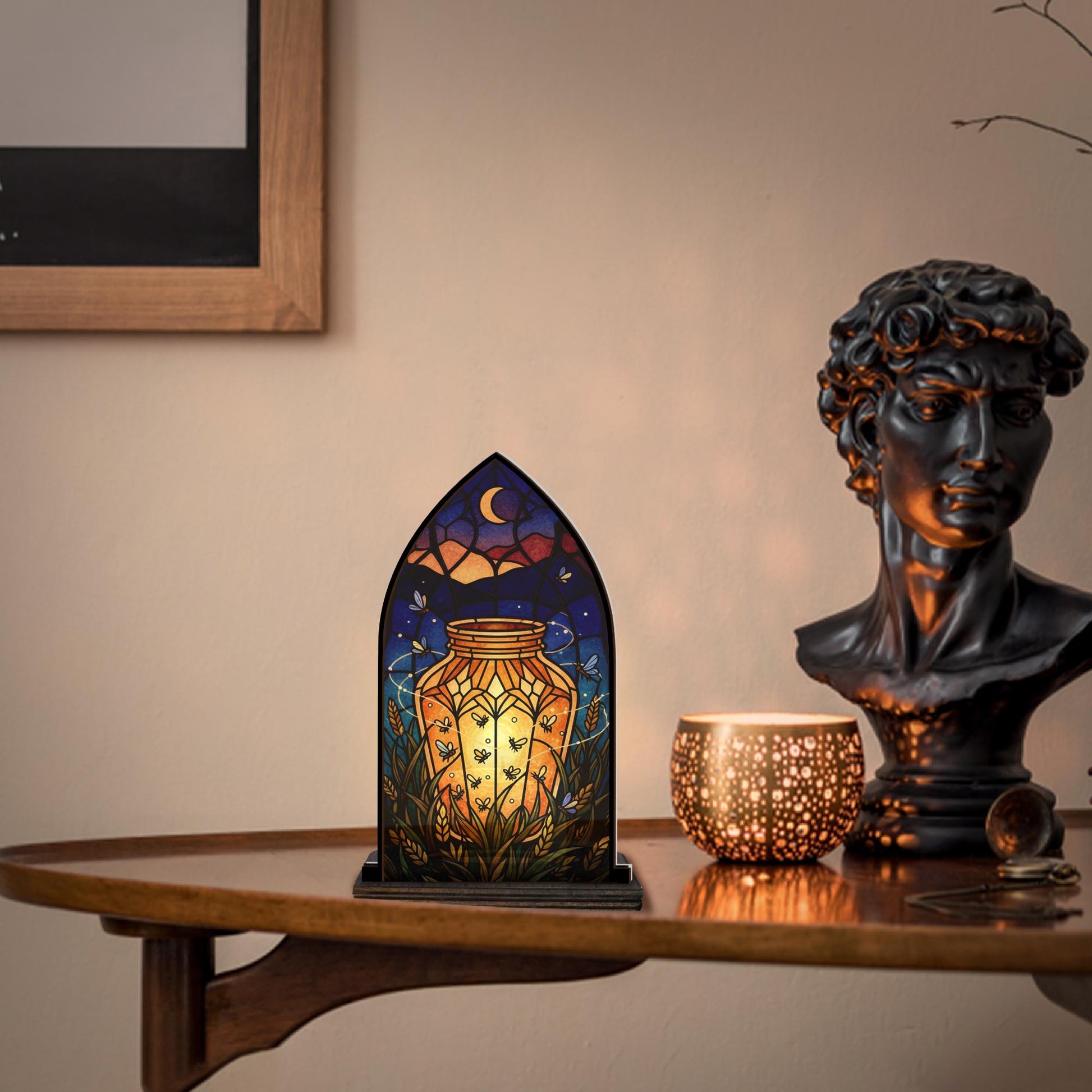 Wooden Candle Holder Rustic Arch Lantern Stand – Arched Glass Panel Firefly Jar Decor image 1