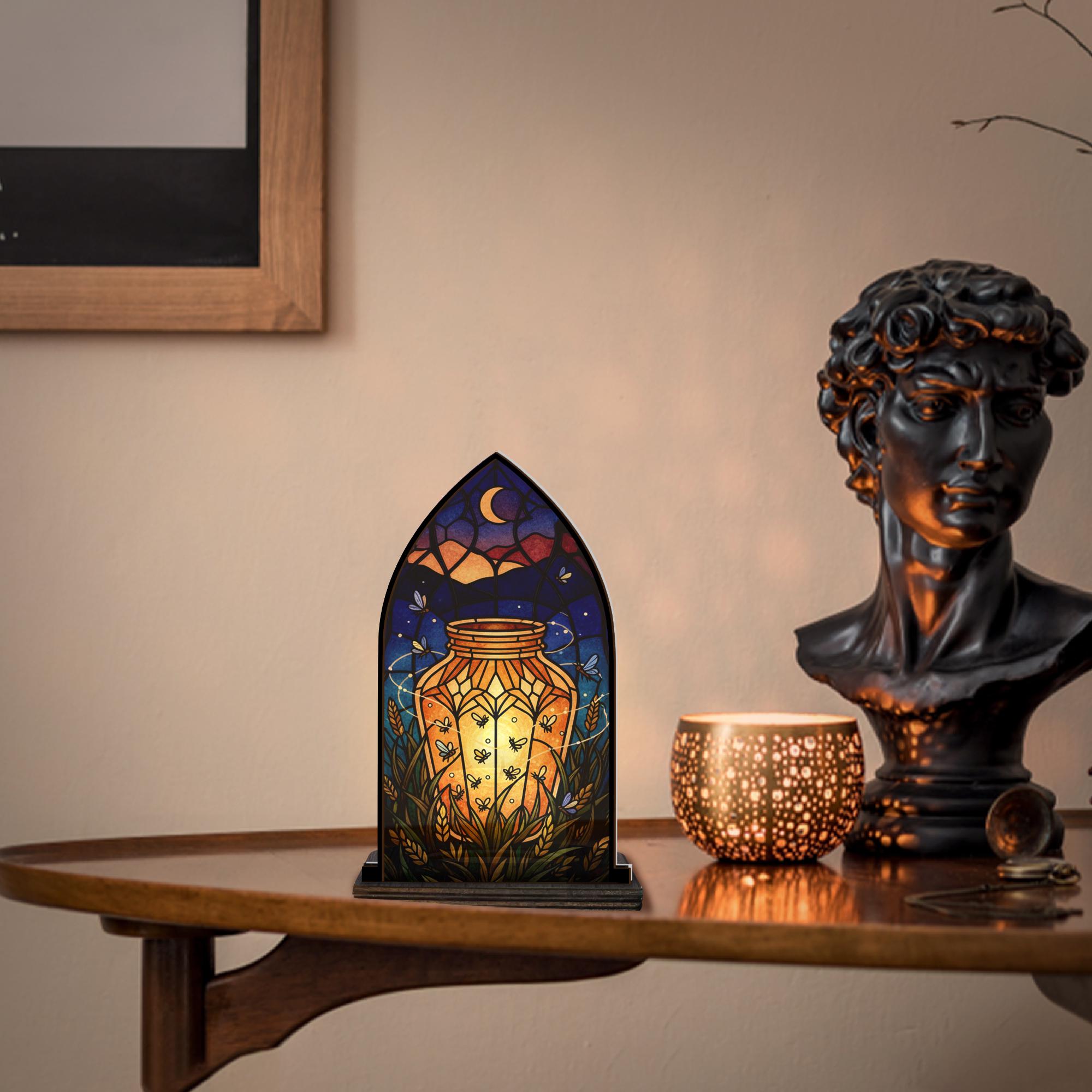 Wooden Candle Holder Rustic Arch Lantern Stand – Arched Glass Panel Firefly Jar Decor image 1