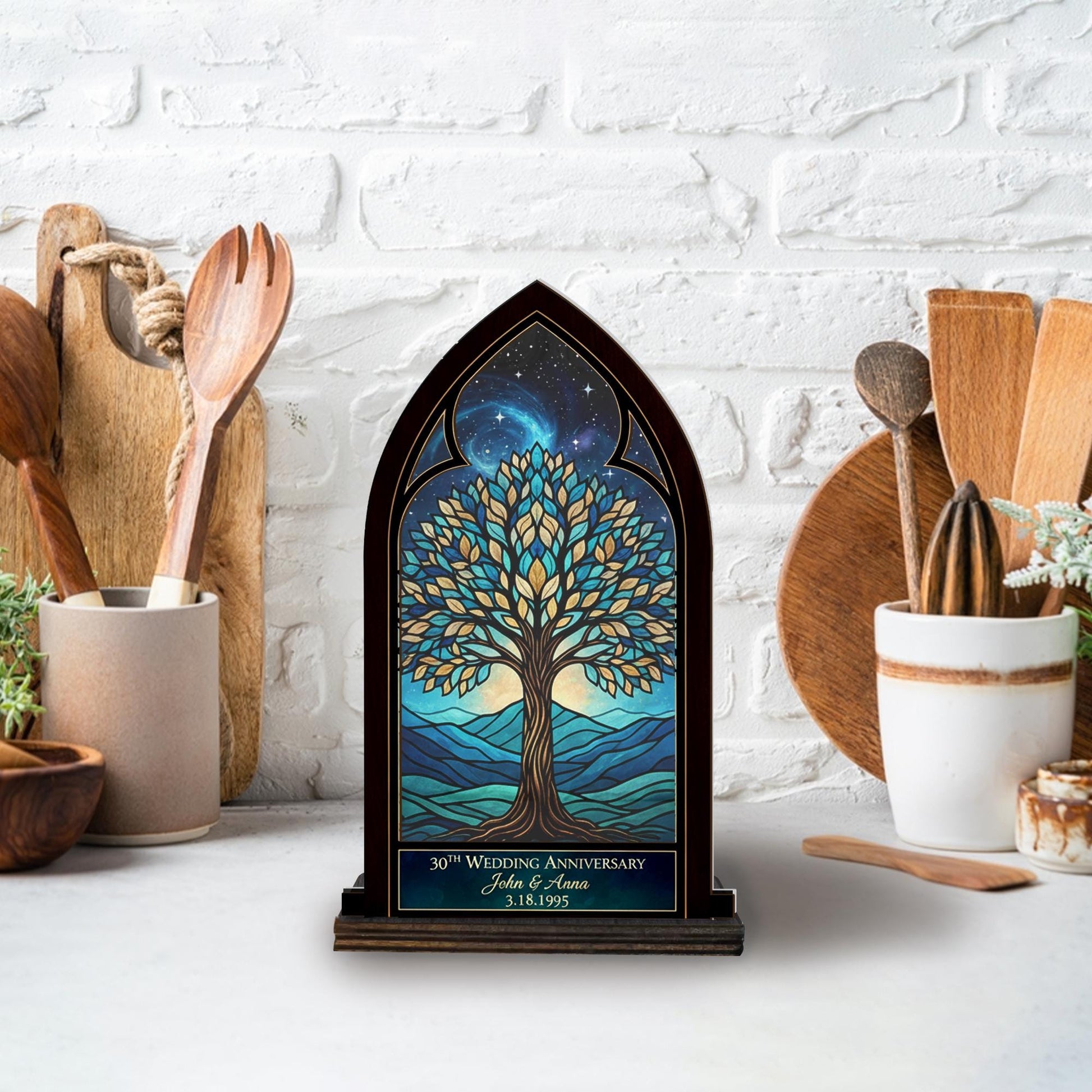 Wooden Candle Holder Arched Lantern Stand – Tree of Life Engraved Glass Panel Gift image 3